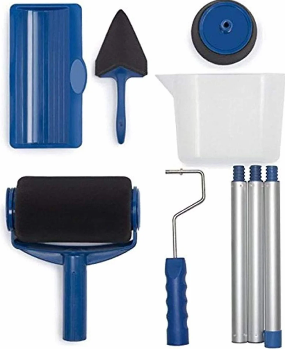 Zestaw wałków do malowania z drążkiem przedłużającym i systemem zapobiegającym rozpryskiwaniu narożników i nalewaczem w zestawie Easy Flow Blue Paint Runner Pro Kit