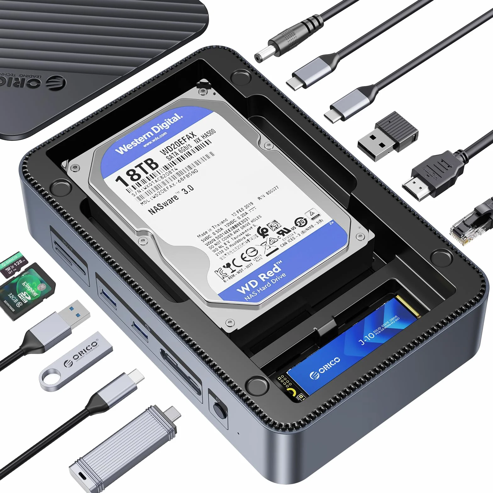 ORICO Stacja dokująca USB-C 12 w 1 M.2 NVMe/SATA SATA 2,5/3,5 cala 26 TB 10 Gbps 4K HDMI 60 Hz D35M2-V1