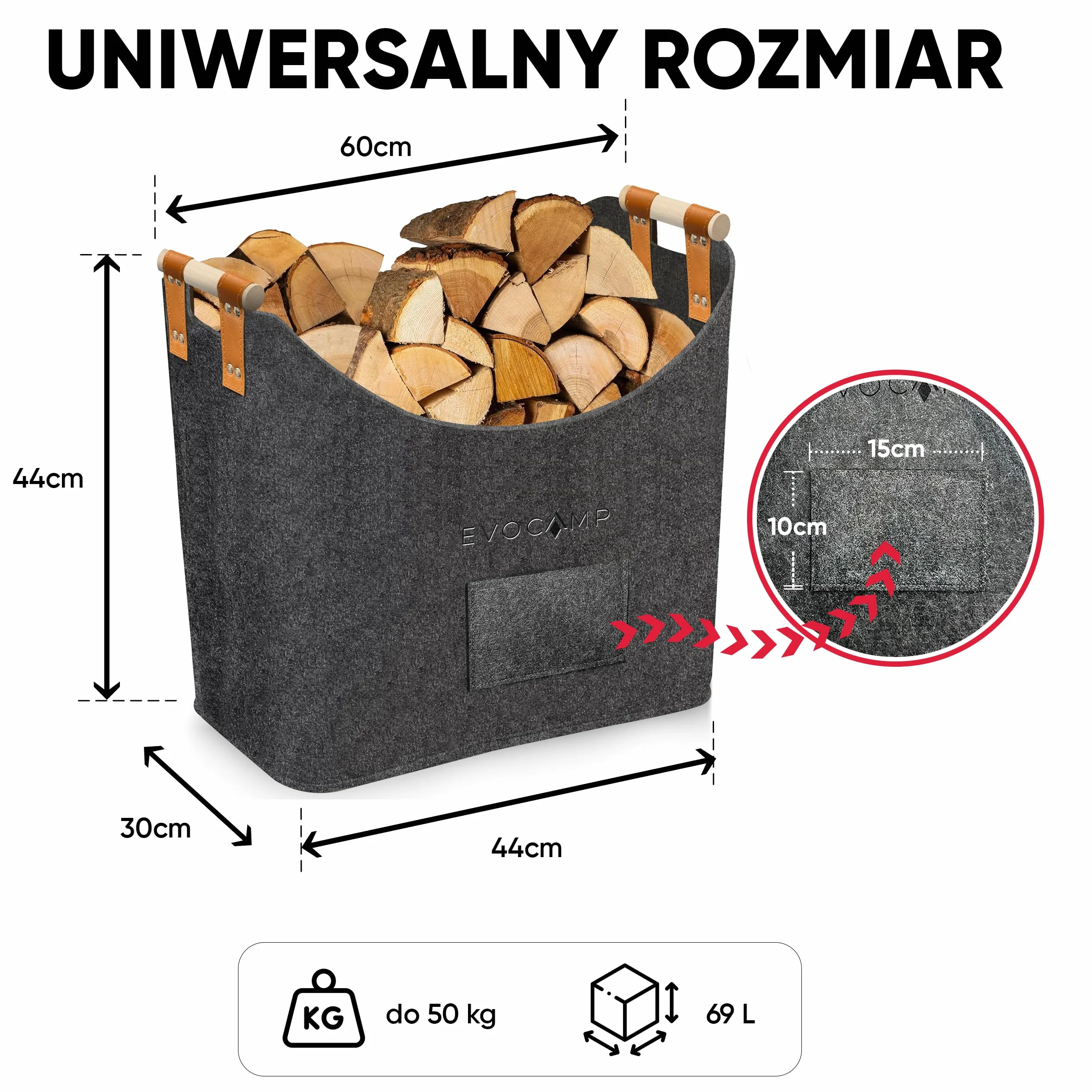 EVOCAMP duży filcowy kosz na drewno i przechowywanie, XXL kosz kominkowy z filcu w ciemnoszarym kolorze, z drewnianymi uchwytami, torba na drewno 44x44x30 cm