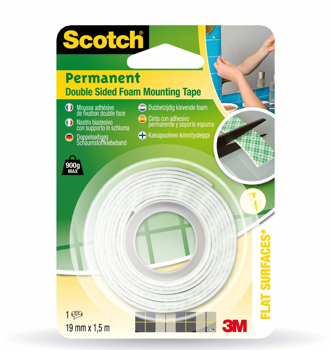 3M AA331915 Scotch Permanent Standard Mounting Tape permanentna taśma montażowa z pianki, możliwość przycięcia, 19 mm x 1,5 m