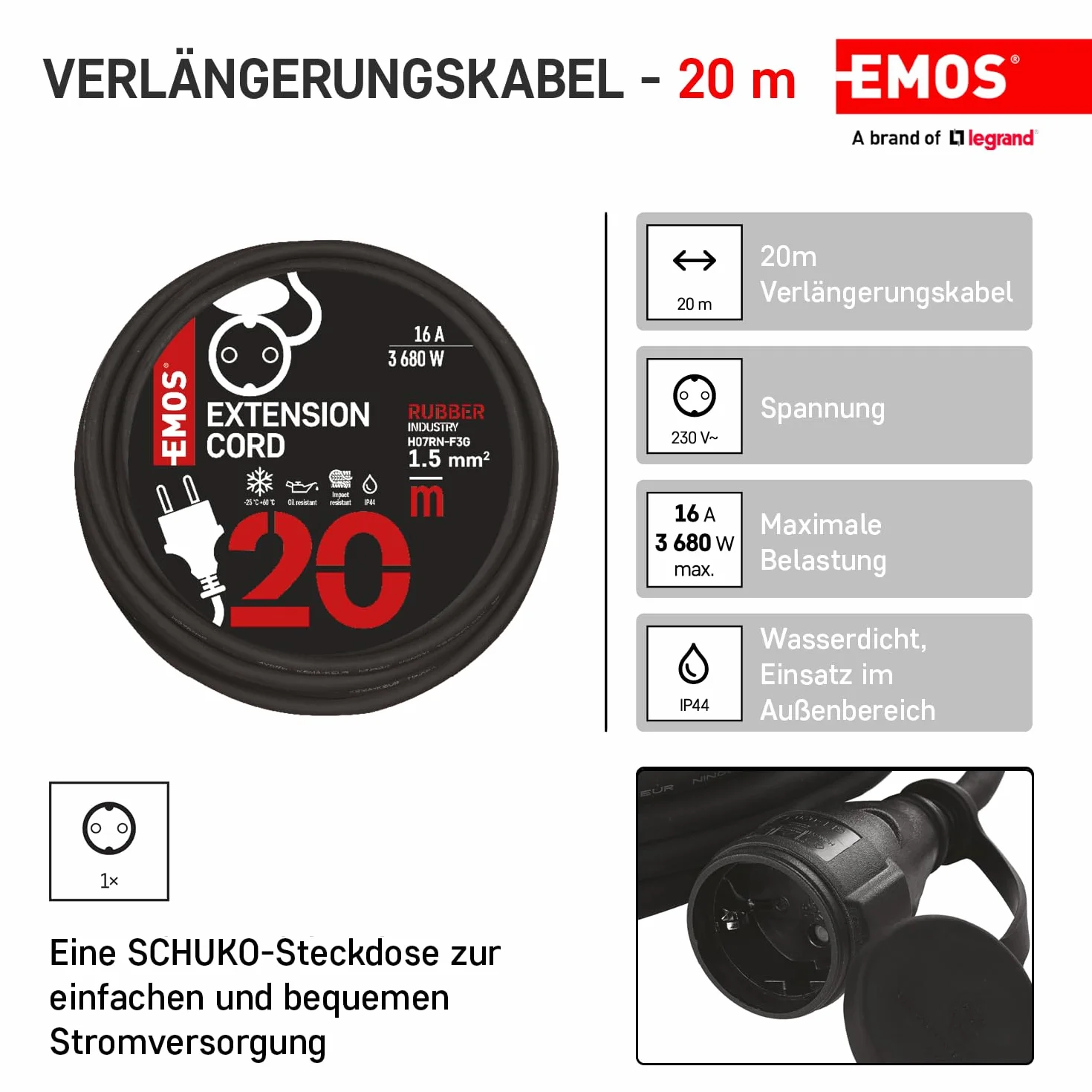 EMOS Przedłużacz IP44 20 m 1 gniazdko Schuko 230 V 16 A 3680 W H07RN-F3G 1,5 mm2 czarny