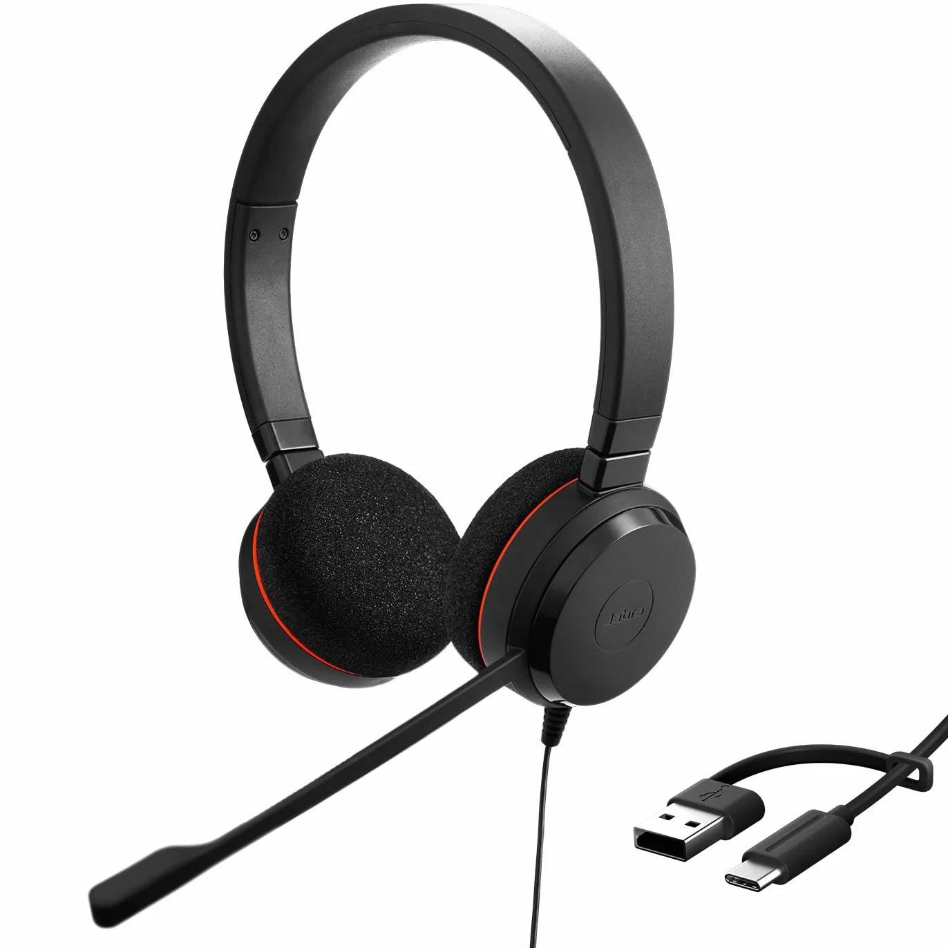 Jabra Zestaw słuchawkowy stereo Evolve 20 – słuchawki z certyfikatem ujednoliconej komunikacji do telefonu VoIP z pasywną redukcją szumów, USB-C/A, czarne