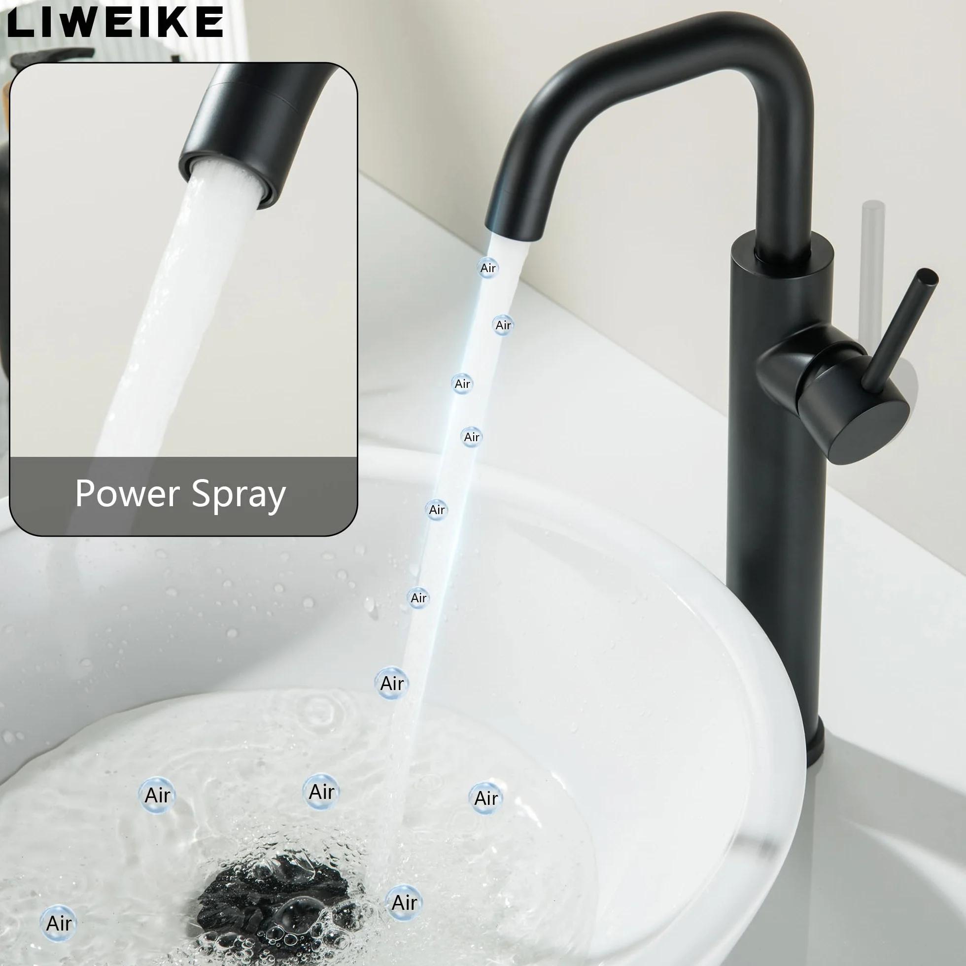 LIWEIKE Kran łazienkowy czarny, armatura umywalkowa, obracana o 360°, jednouchwytowa bateria umywalkowa z 2 trybami natrysku, bateria umywalkowa, stal nierdzewna