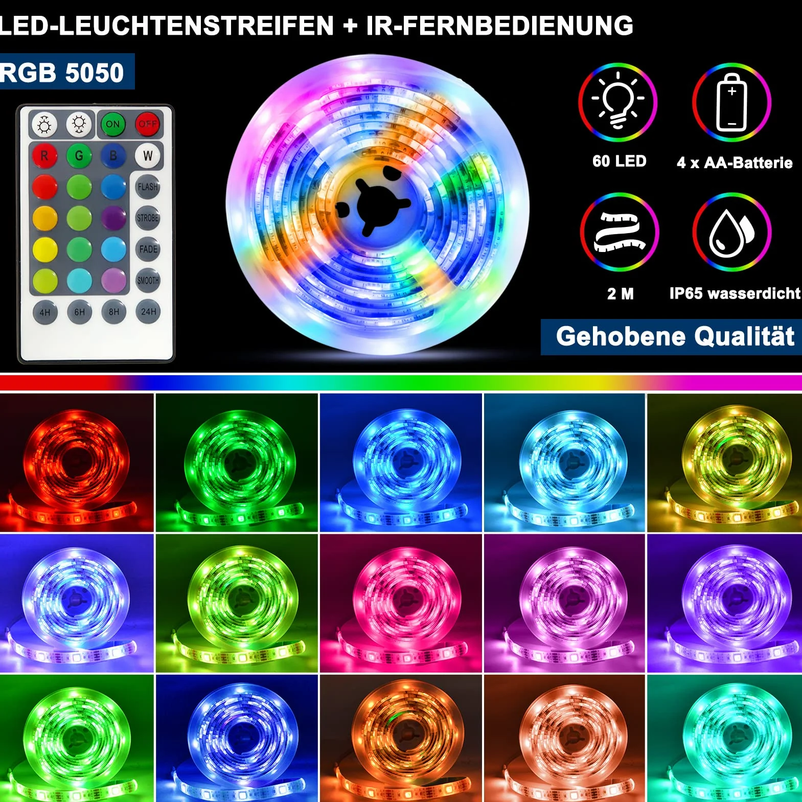 Taśma LED zasilana bateriami, 2 m, 60 diod LED RGB 5050, podświetlenie tła TV z pilotem zdalnego sterowania na podczerwień, wodoszczelne zewnętrzne listwy świetlne do sypialni w domu