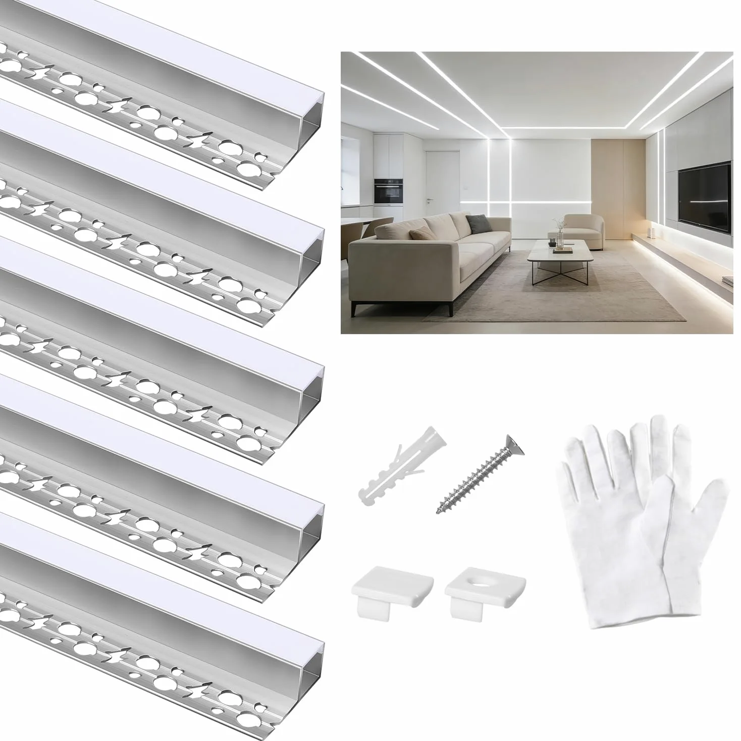 Profil LED do suchej zabudowy, 10 sztuk, profil aluminiowy LED, profil do płytek Trimless, wpuszczany, aluminiowa szyna do montażu na sucho z mlecznym dyfuzorem i zaślepkami do sufitu, ściany