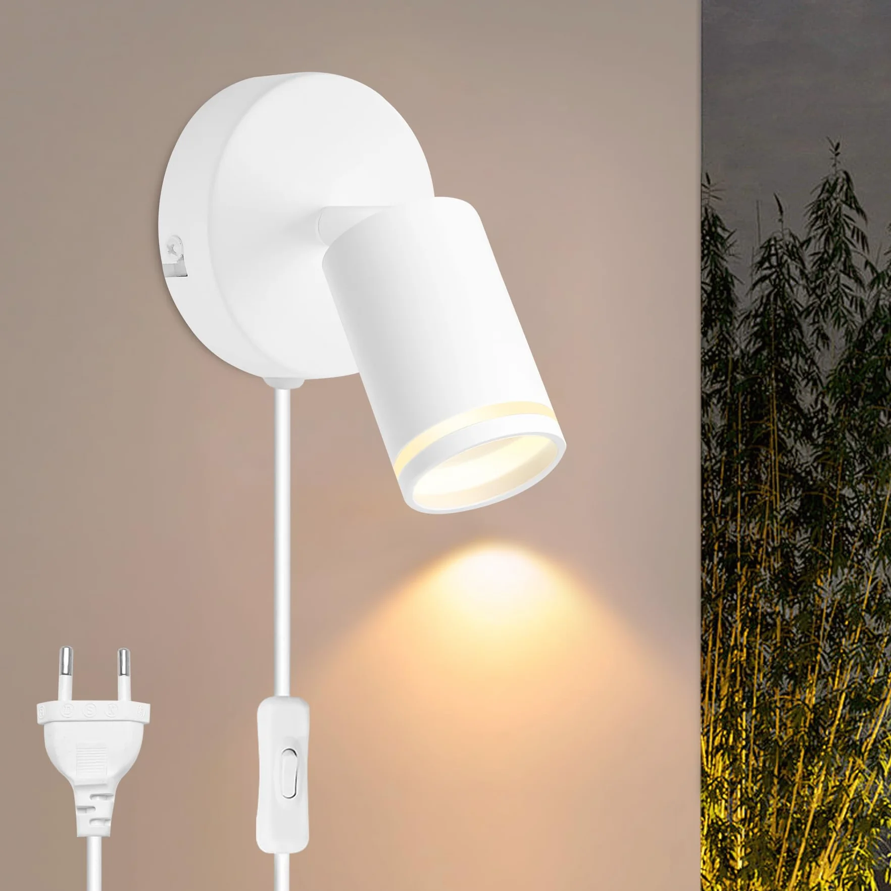 Lampa ścienna z przełącznikiem i wtyczką biała GU10 – lampa ścienna wewnętrzna z przełącznikiem, obracana o 350°, lampa ścienna do sypialni, salonu, korytarza, bez źródła światła