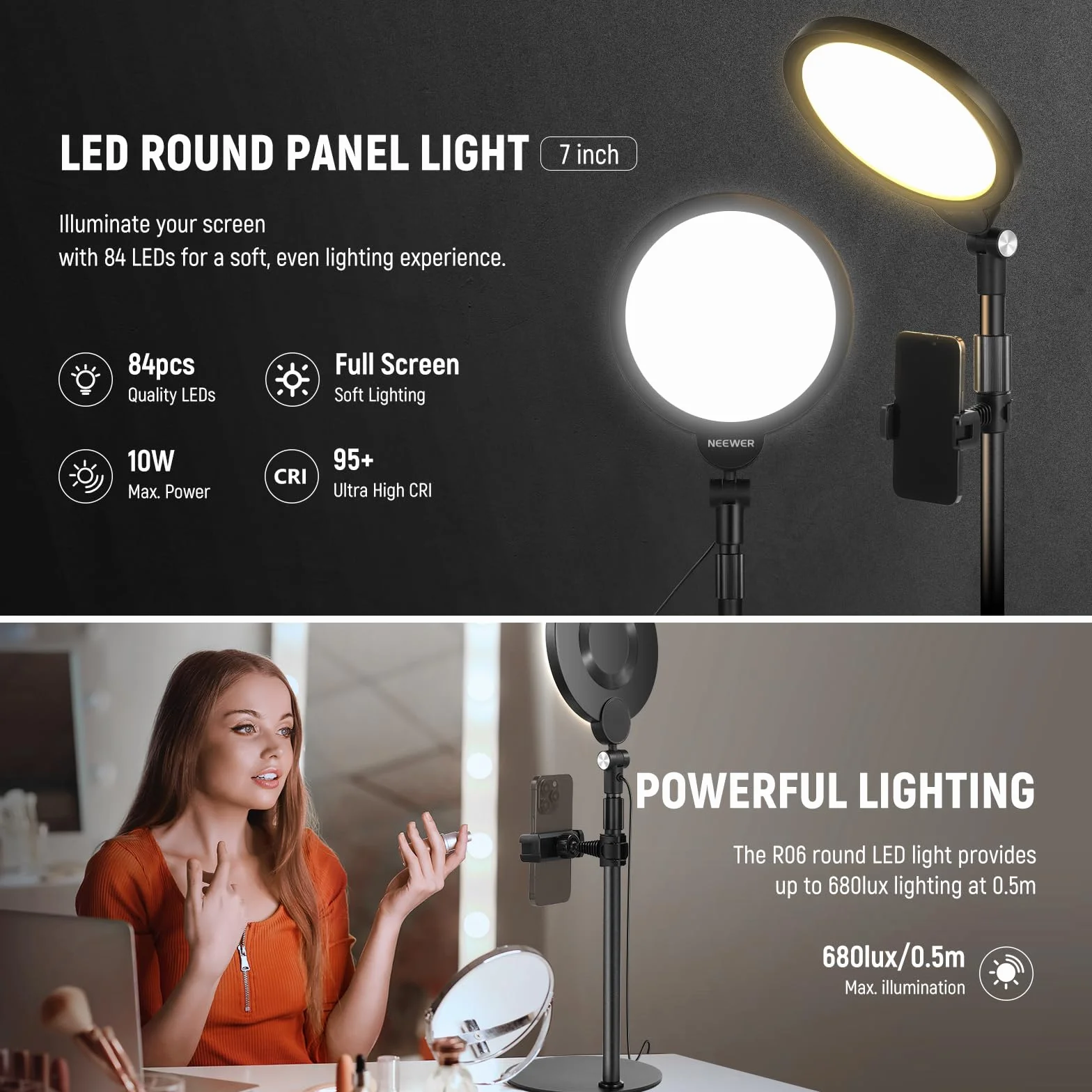 NEEWER BASICS 7" Selfie Światło Stołowe 10W, 3000K-6500K Pierścieniowe z Podstawką i Uchwytem