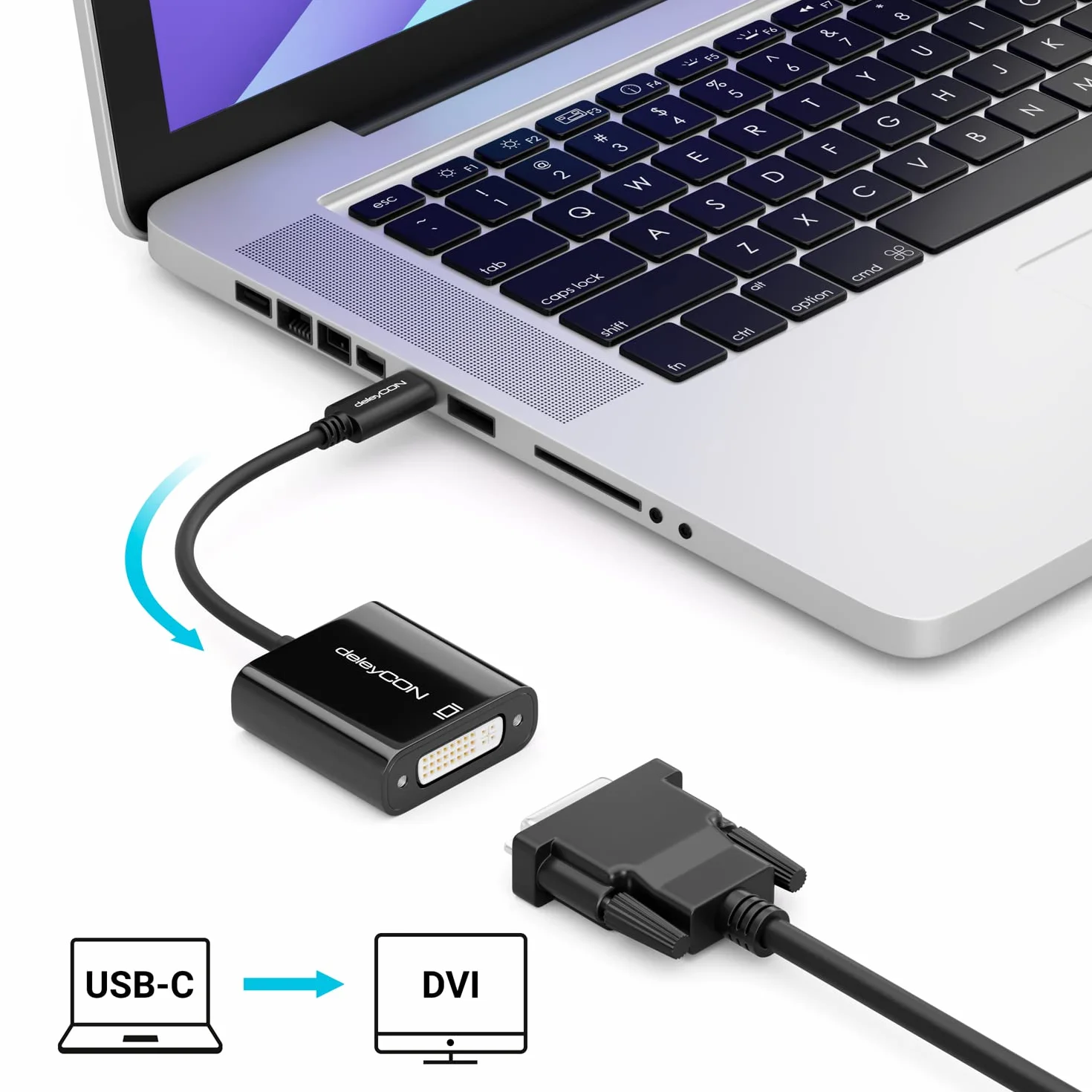 deleyCON Konwerter USB C na DVI 1080p Full HD Męski Żeński Czarny