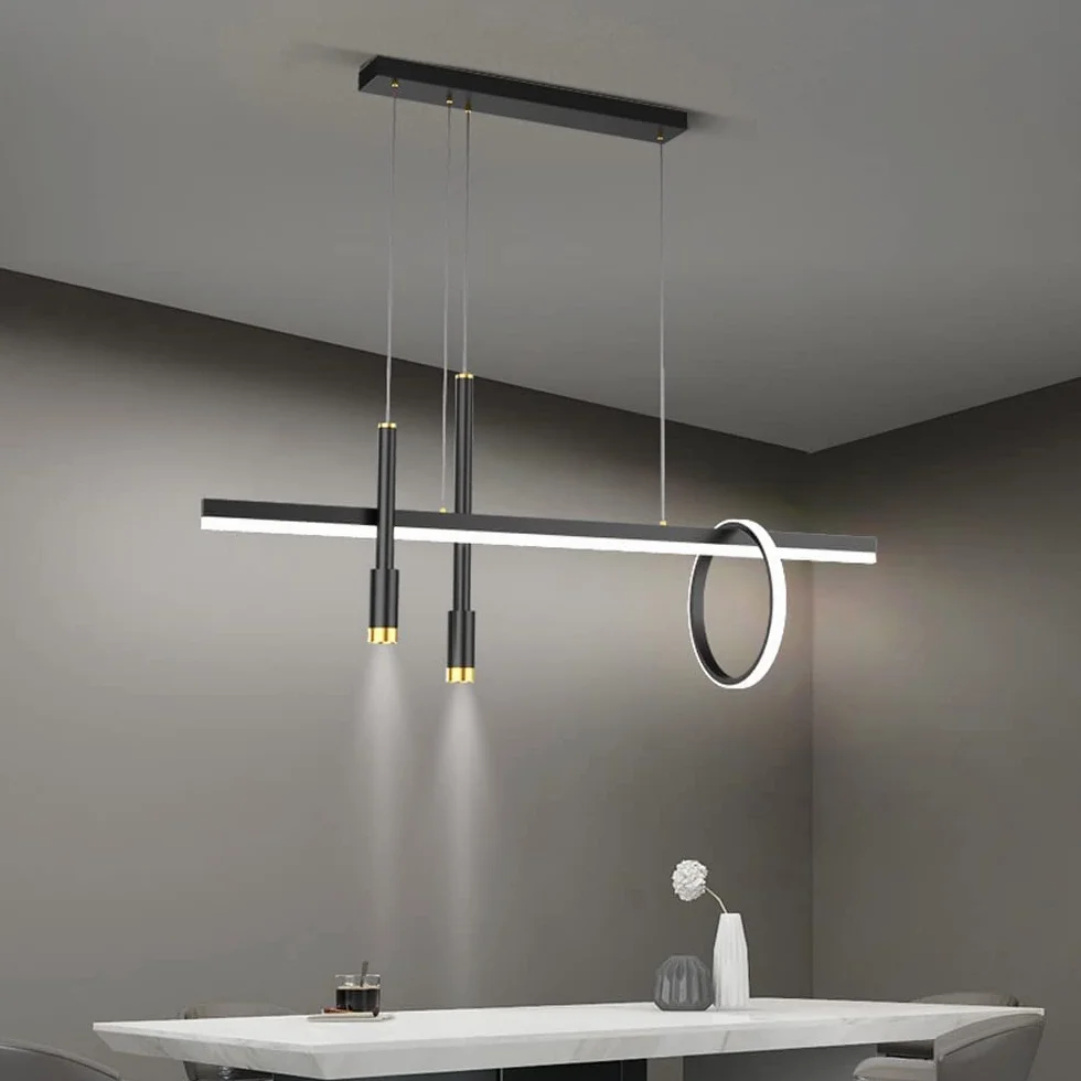 Lampa wisząca z długim pierścieniem, oświetlenie LED i reflektor, metalowa linka, prosta dekoracja do jadalni i salonu, regulowana lampa sufitowa, żyrandol z trójkolorowym oświetleniem.
