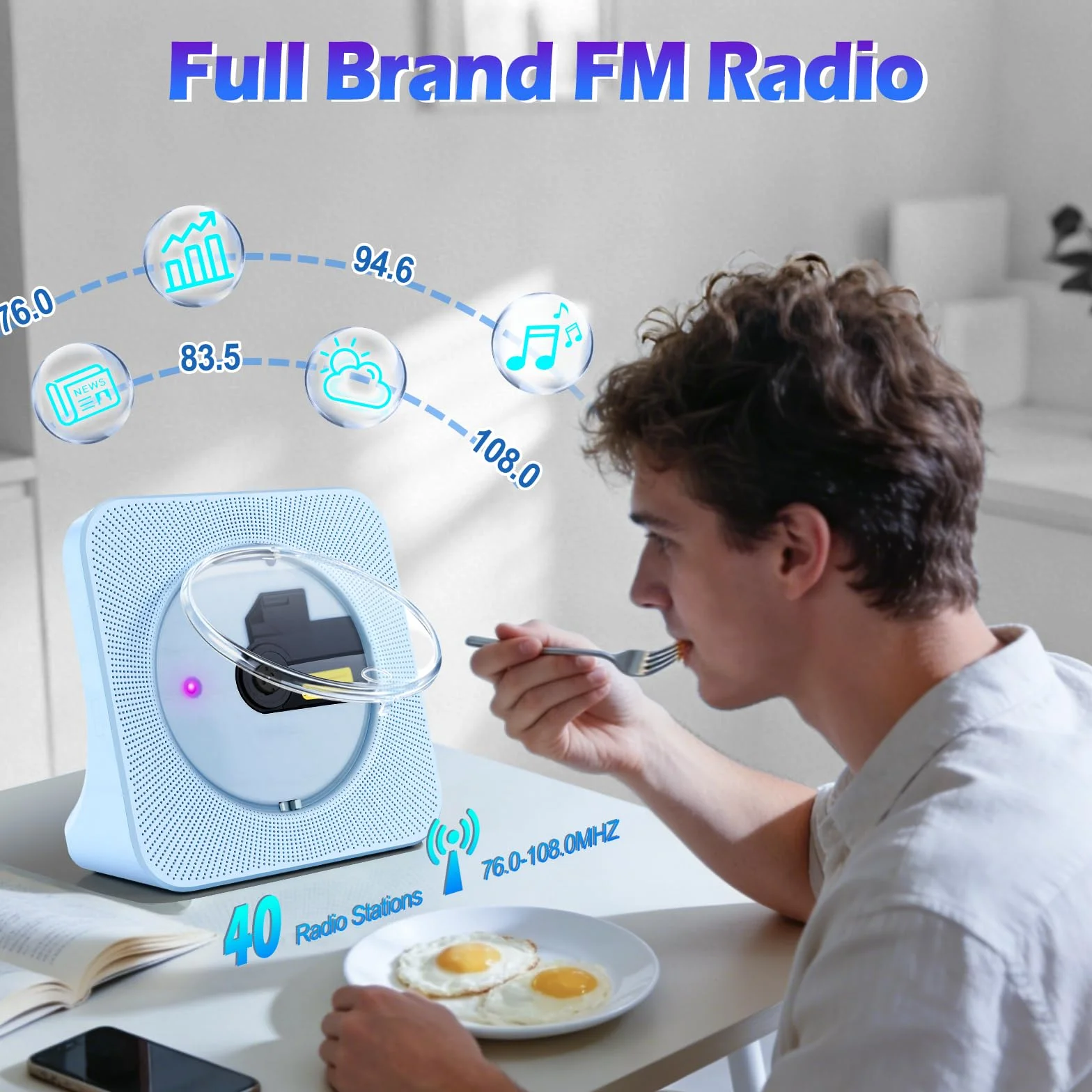Przenośny odtwarzacz CD z Bluetooth i głośnikami, domowy odtwarzacz CD dla dzieci, odbiornik/nadajnik Bluetooth, radio FM, gniazdo słuchawkowe i USB, pilot zdalnego sterowania, niebieski