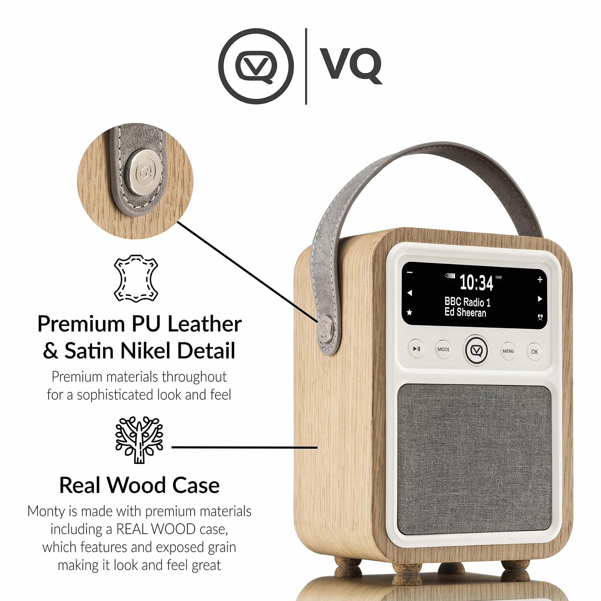 VQ Monty Dab Plus/Dab Radio z Bluetooth, FM i Funkcją Budzika - Zasilane z Sieci i Baterii Przenośne Radio z Anteną, Gniazdkiem Słuchawkowym i Portem Usb do Ładowania - Dąb