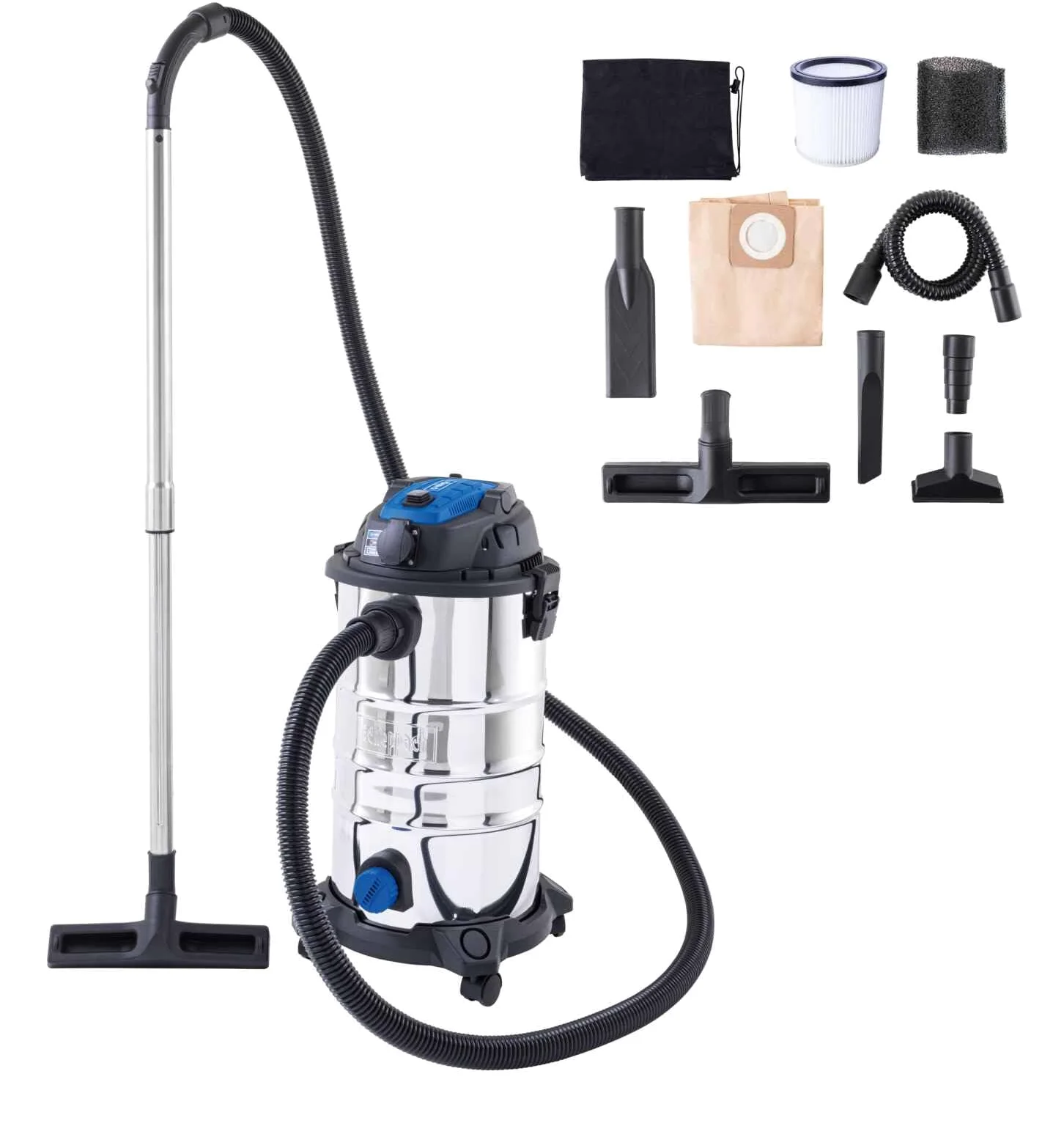 Scheppach VC30 Premium odkurzacz na mokro i sucho, pojemnik ze stali nierdzewnej 30 l i akcesoria, moc 1200 W, moc ssania 20 kPa, rura teleskopowa, gniazdko narzędziowe oraz szybkie zapięcie, kabel 6