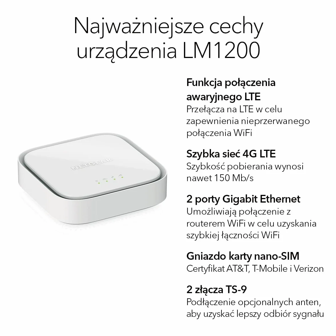 Netgear LTE 4G LM1200 Modem, do 150 Mbit/s przy Pobieraniu, 2 Porty Gigabit LAN/WAN, Zintegrowany Modem 4G LTE Cat4, Kompatybilny ze Wszystkimi Europejskimi Kartami SIM