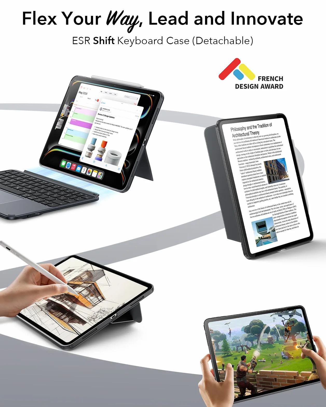 ESR Etui z klawiaturą do iPad Pro 11" M5 M4 2025 2024 magnetyczna zdejmowana klawiatura duży gładzik Click-Anywhere podświetlane klawisze seria Shift ciemnoszare
