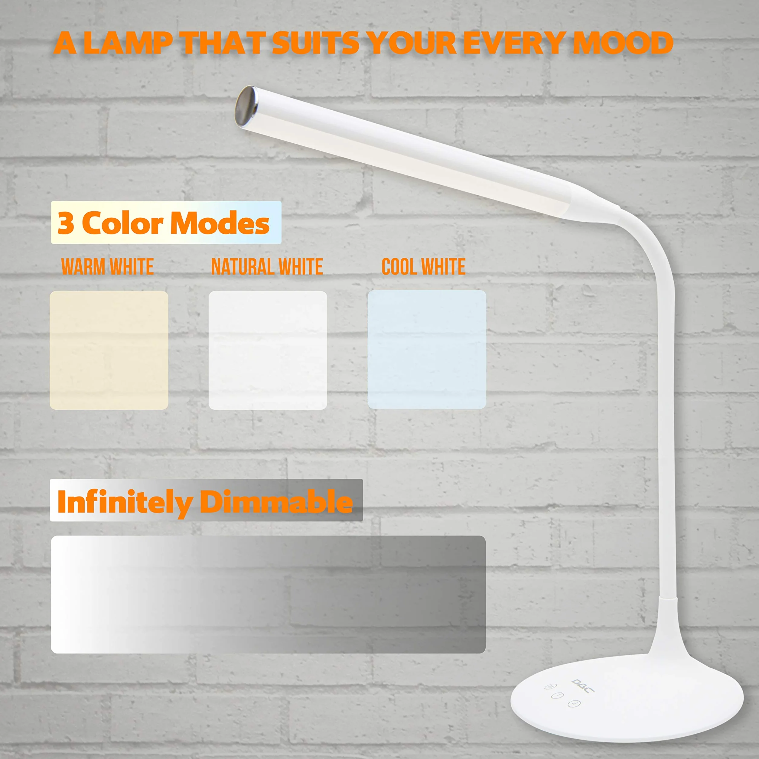 DAC Ergonomiczna lampa biurkowa LED 38.1 cm z elastyczną gęsią szyją, 3 tryby jasności, do czytania i nauki, inteligentny przełącznik dotykowy do ściemniacza i automatycznego timera, biała