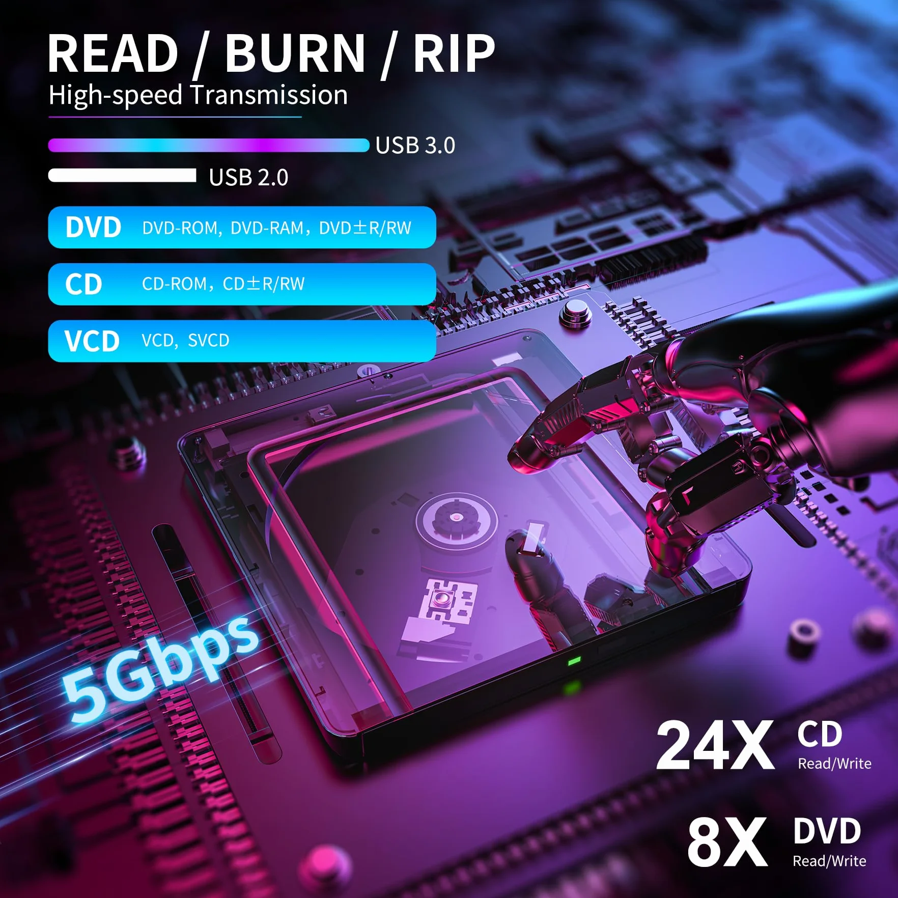 BHHB Zewnętrzne napędy CD/DVD, zewnętrzny napęd CD/DVD+/-RW USB 3.0, nagrywarka CD, czytnik DVD, kompatybilny z laptopami, komputerami stacjonarnymi, komputerami Mac, Windows 11/10/8/7 (ultracienki)