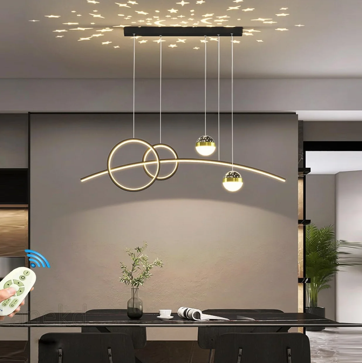Lanekd Lampa wisząca LED, ściemniana, 45 W, do jadalni, jadalni, salonu, kuchni, wisząca, nowoczesny pierścień, designerski żyrandol z pilotem zdalnego sterowania (czarna, dł. 100 cm)