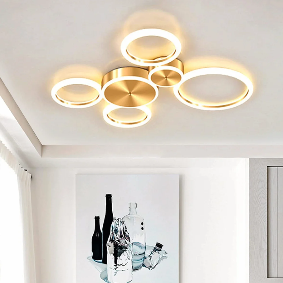 Nowoczesna lampa sufitowa LED do salonu z pilotem ściemniane oświetlenie sypialni lampy sufitowe okrągły pierścień projekt zawieszenie kuchnia restauracja żyrandol metalowy,5 rings
