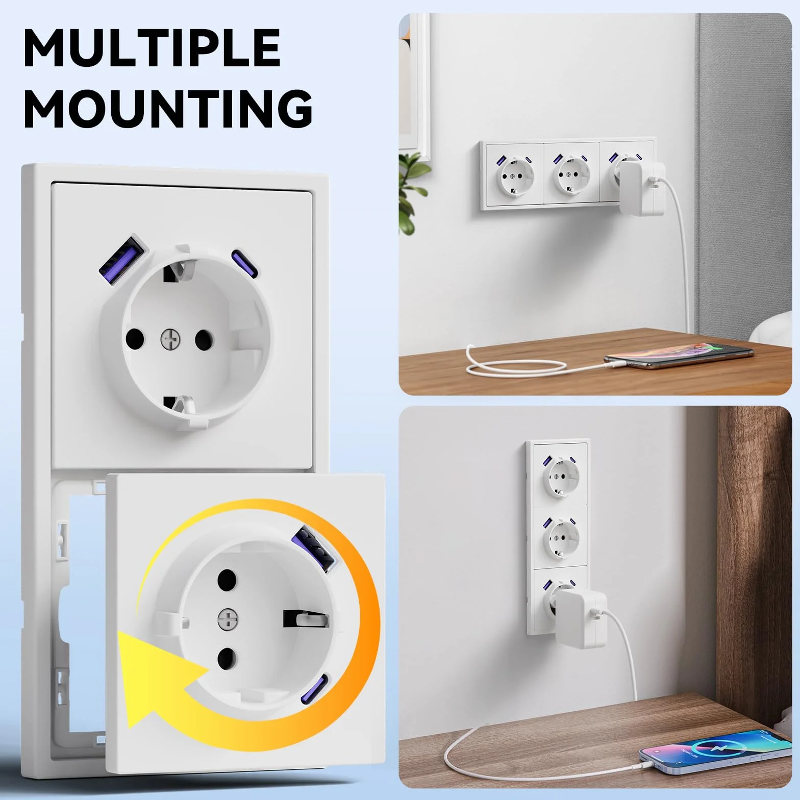 BSEED LIFE Gniazdko wtykowe z zestykiem ochronnym z USB/typ C 20 W, podtynkowe standardowe gniazda wtykowe z ramą PC, 80 x 220 mm, gniazdo inzelowe z pazurami, łatwa instalacja, 3-krotne, białe