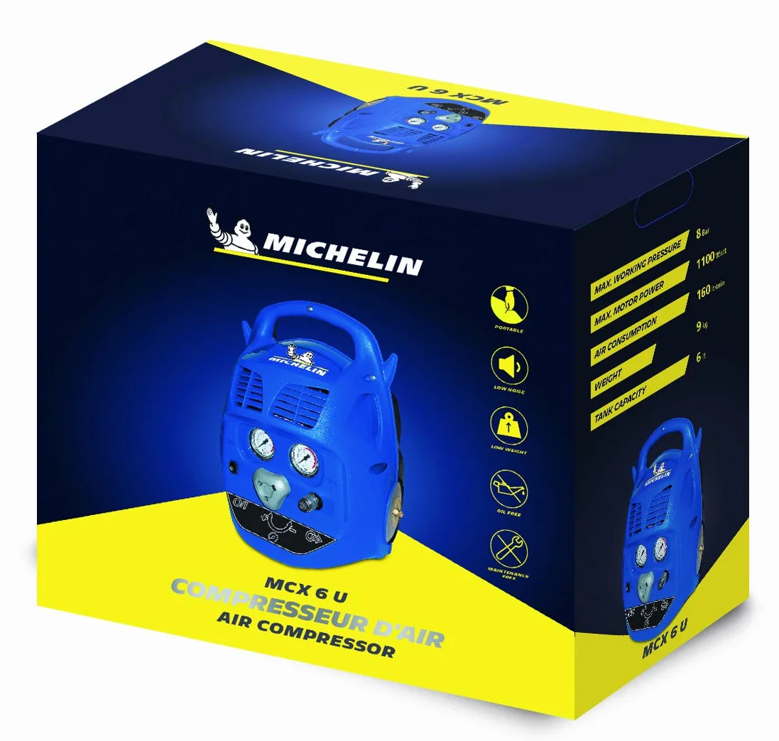 MICHELIN Przenośna sprężarka powietrza MCX6U – zbiornik 6 litrów – bezolejowy – silnik 1,5 kW – maksymalne ciśnienie 8 bar – moc ssania 160 l/min – 9,6 m³/h