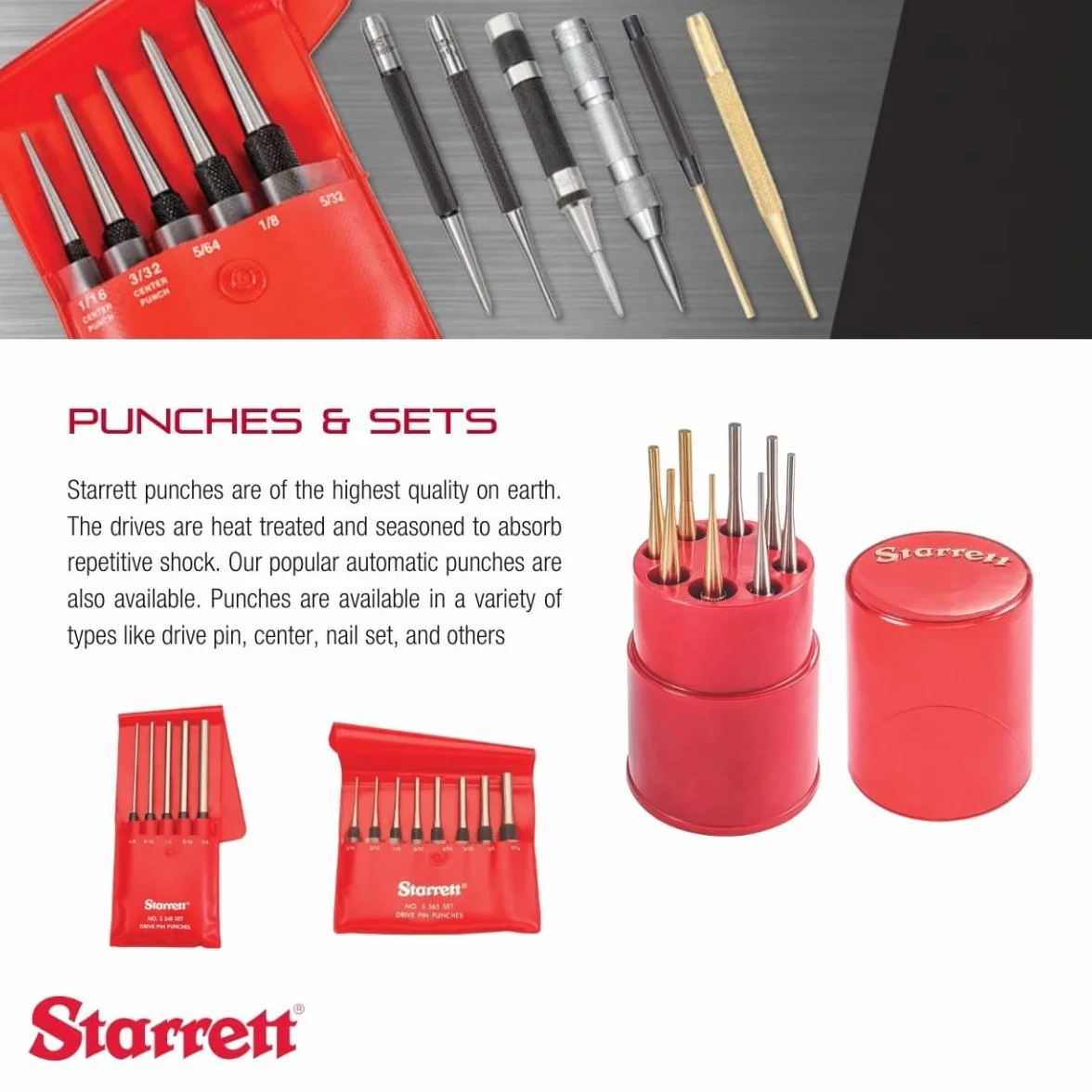 Starrett S565WB 8-częściowy zestaw wykrawaczy do zawleczek, średnica sworznia 1/16"-5/16", długość całkowita 4", w walizce z tworzywa sztucznego