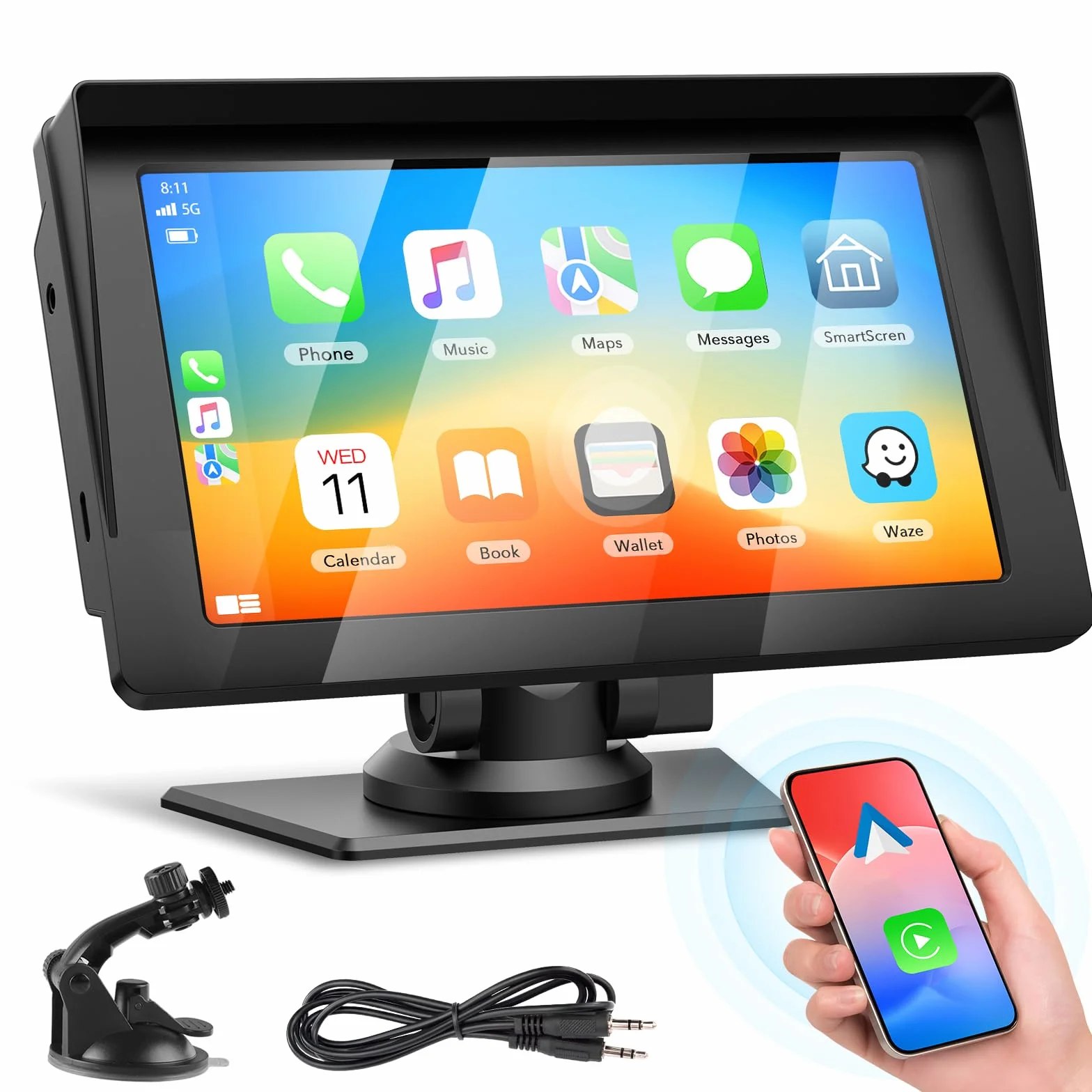 Volam Bezprzewodowy wyświetlacz Carplay Android Auto z 7-calowym ekranem dotykowym, ekran Car Play z nawigacją GPS, asystent głosowy, Mirror Link, Bluetooth 5.0, AUX, FM