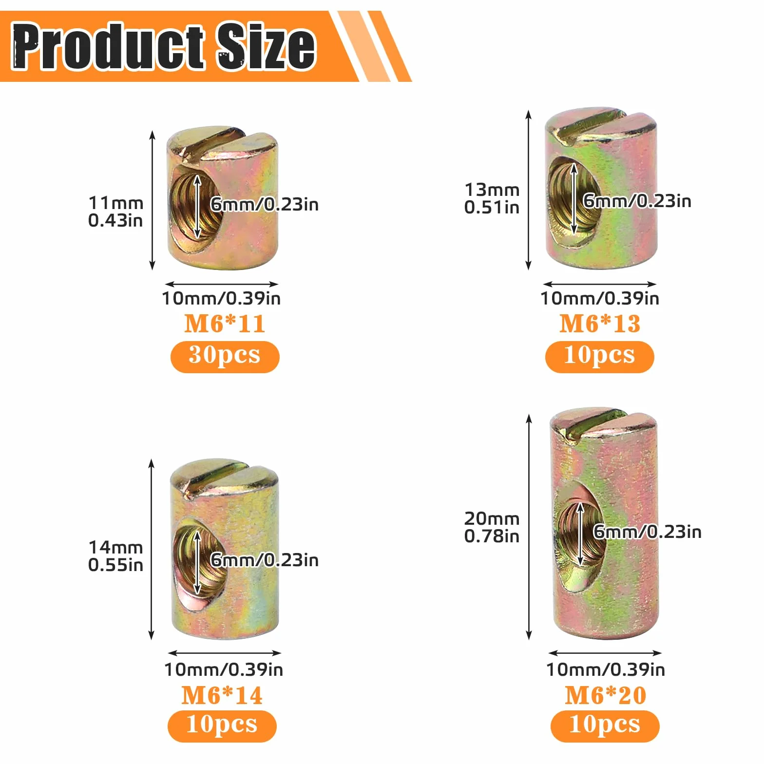 60 sztuk nakrętek poprzecznych M6 nakrętka cylindryczna do mebli, łóżek, krzeseł, 11 mm, 13 mm, 20 mm, 24 mm