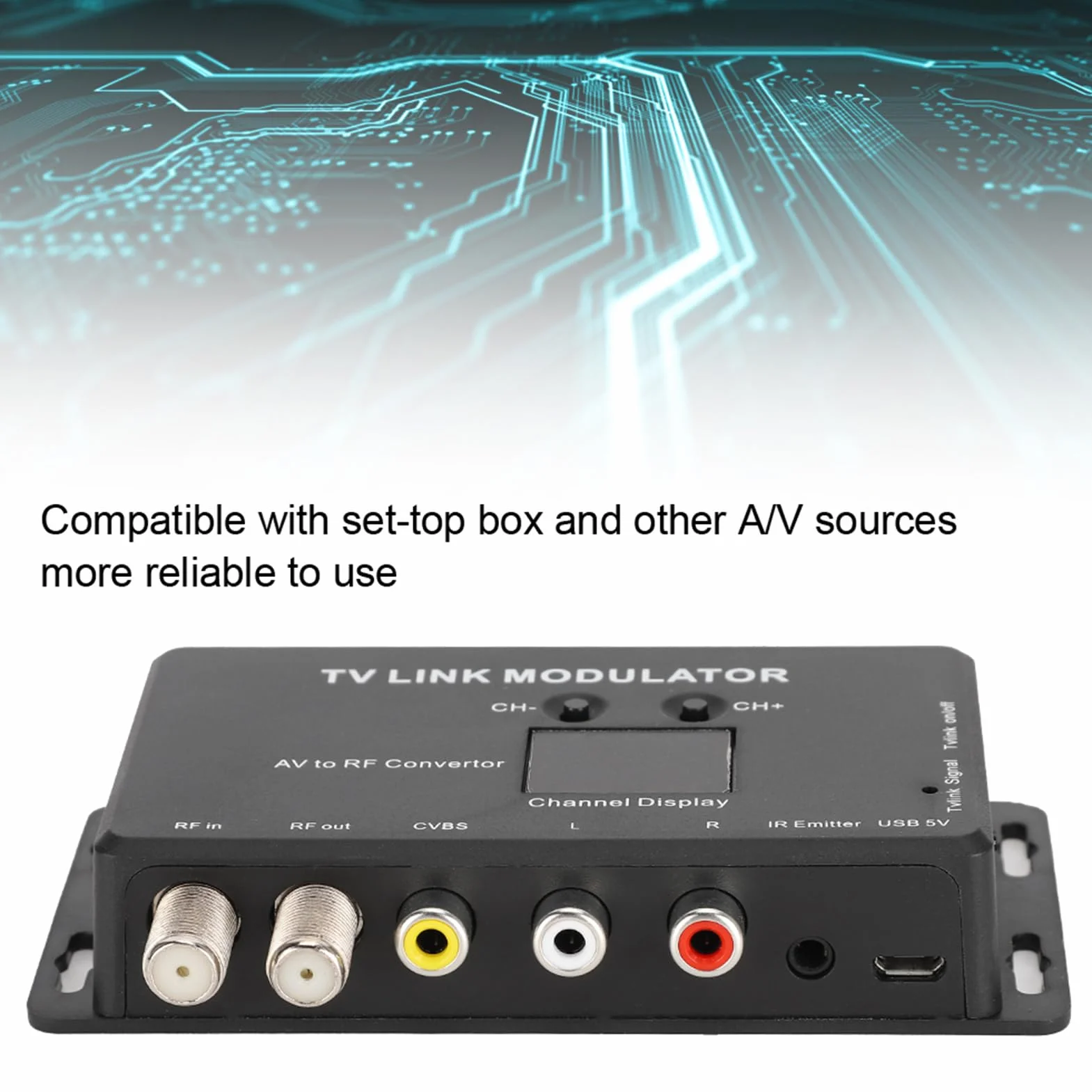 TM70 Modulator UHF TV LINK Konwerter AV RF Przedłużacz Podczerwieni z Wyświetlaniem Kanałów
