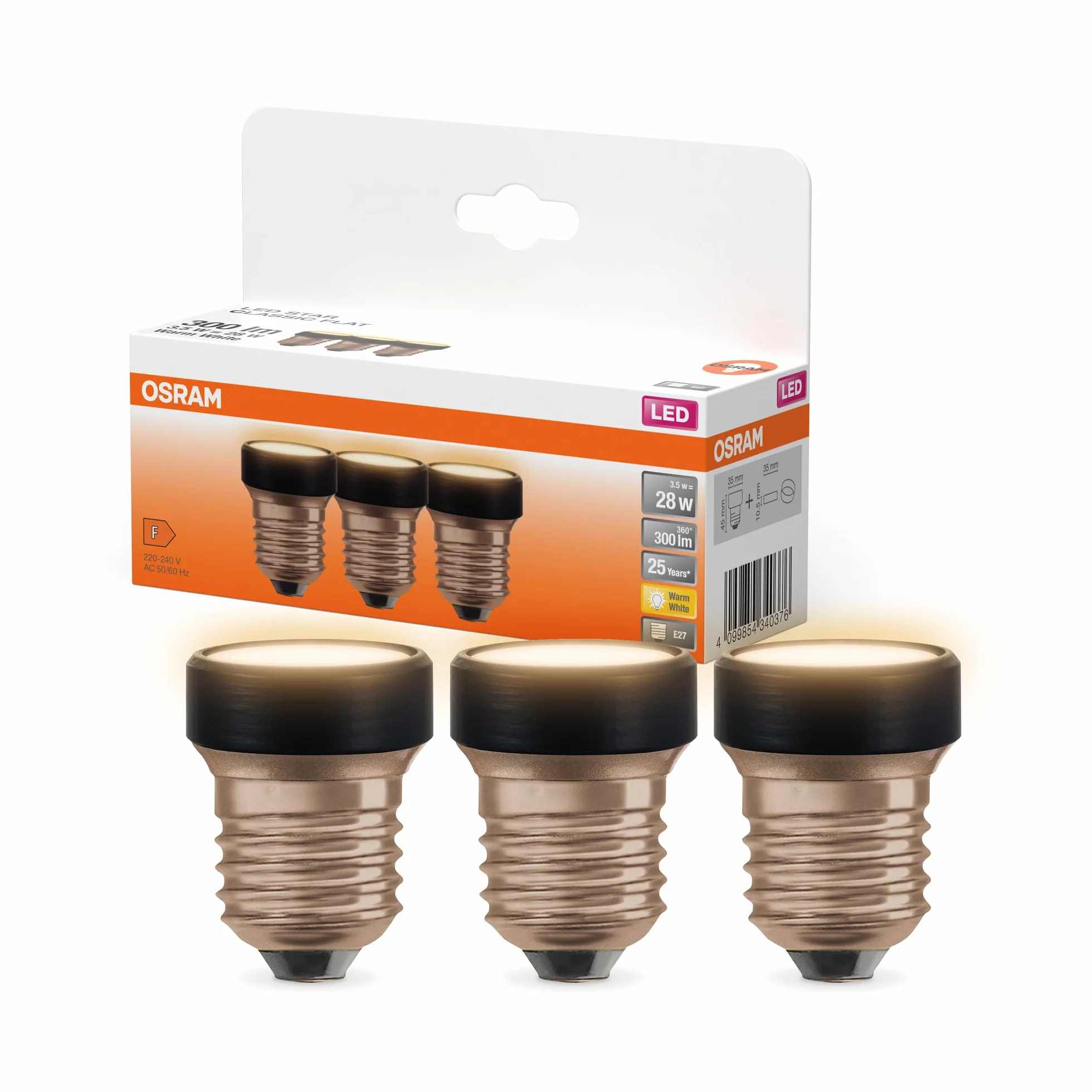 OSRAM LED FLAT Lamp, zestaw 3 żarówek, ultrakompaktowa lampa LED, zastępuje tradycyjne żarówki 28W, 3.5W, ciepła biel (2700K), matowe, E27