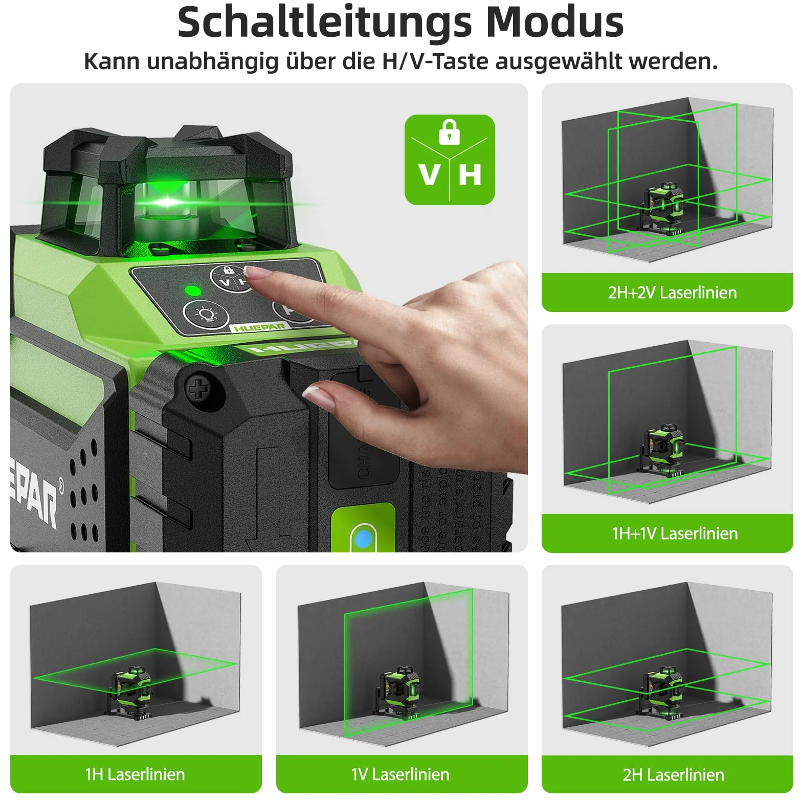 Huepar 4x360 Laser Cross Line 4D Automatyczne poziomowanie Zielone światło Linia krzyżowa 16 linii do płytek podłogowych Narzędzie laserowe-2x360 Pozioma/pionowa linia laserowa-Akumulator 704CG