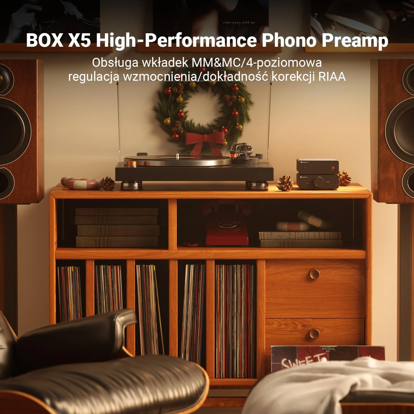Fosi Audio BOX X5 Przedwzmacniacz Gramofonowy MM MC, 4-Stopniowa Regulacja Wzmocnienia RCA