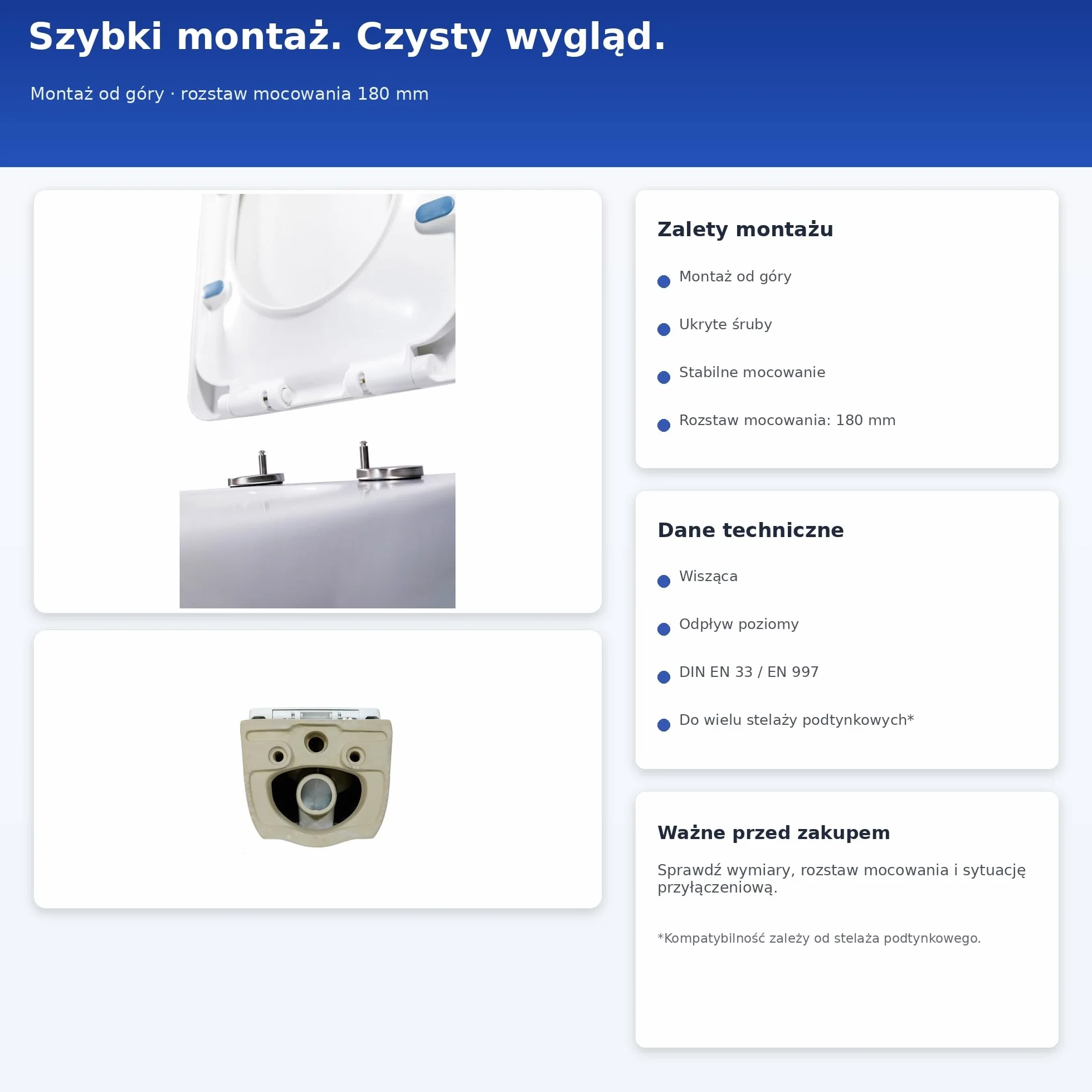 Wisząca + WC bez kołnierza 53 cm, naścienna WC z deską Softclose, biała