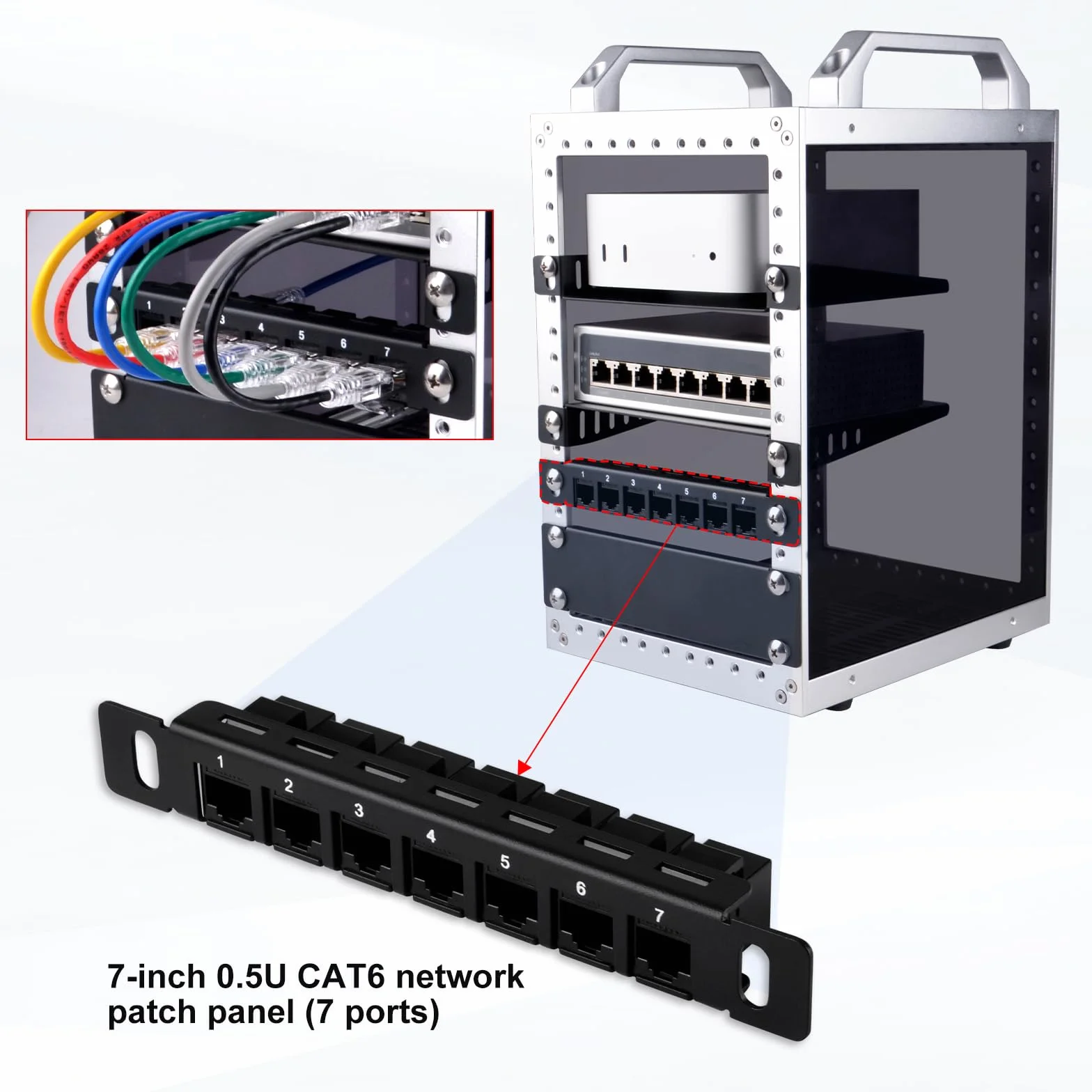 GeeekPi 7-calowy 0,5U 7-portowy panel krosowy CAT6 do szafy serwerowej