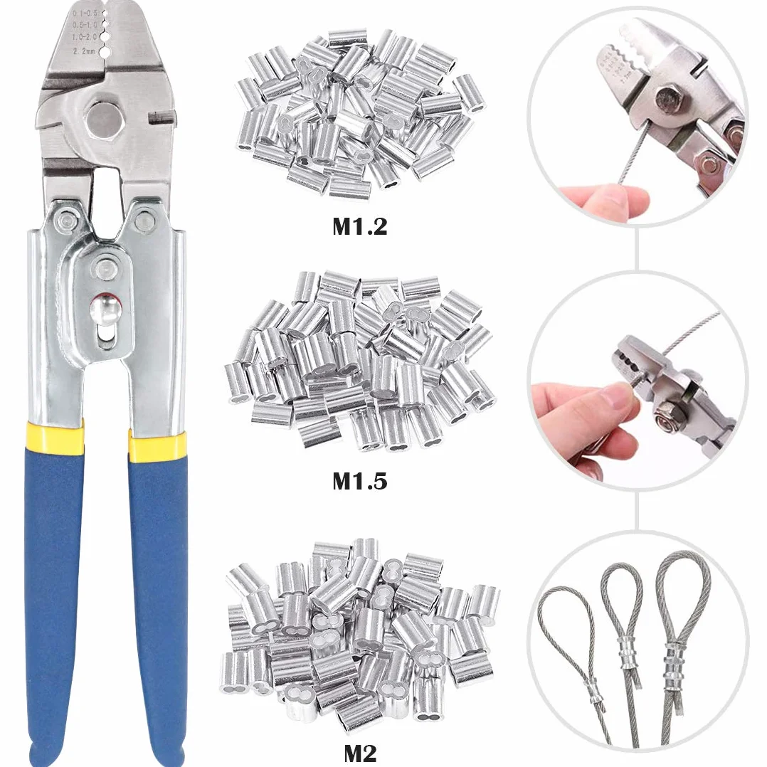 Glarks Narzędzie do zaciskania linek stalowych do 2,2 mm z 150 szt. 3 rozmiary aluminiowych podwójnych tulejek zaciskowych z pętlą zaciskową