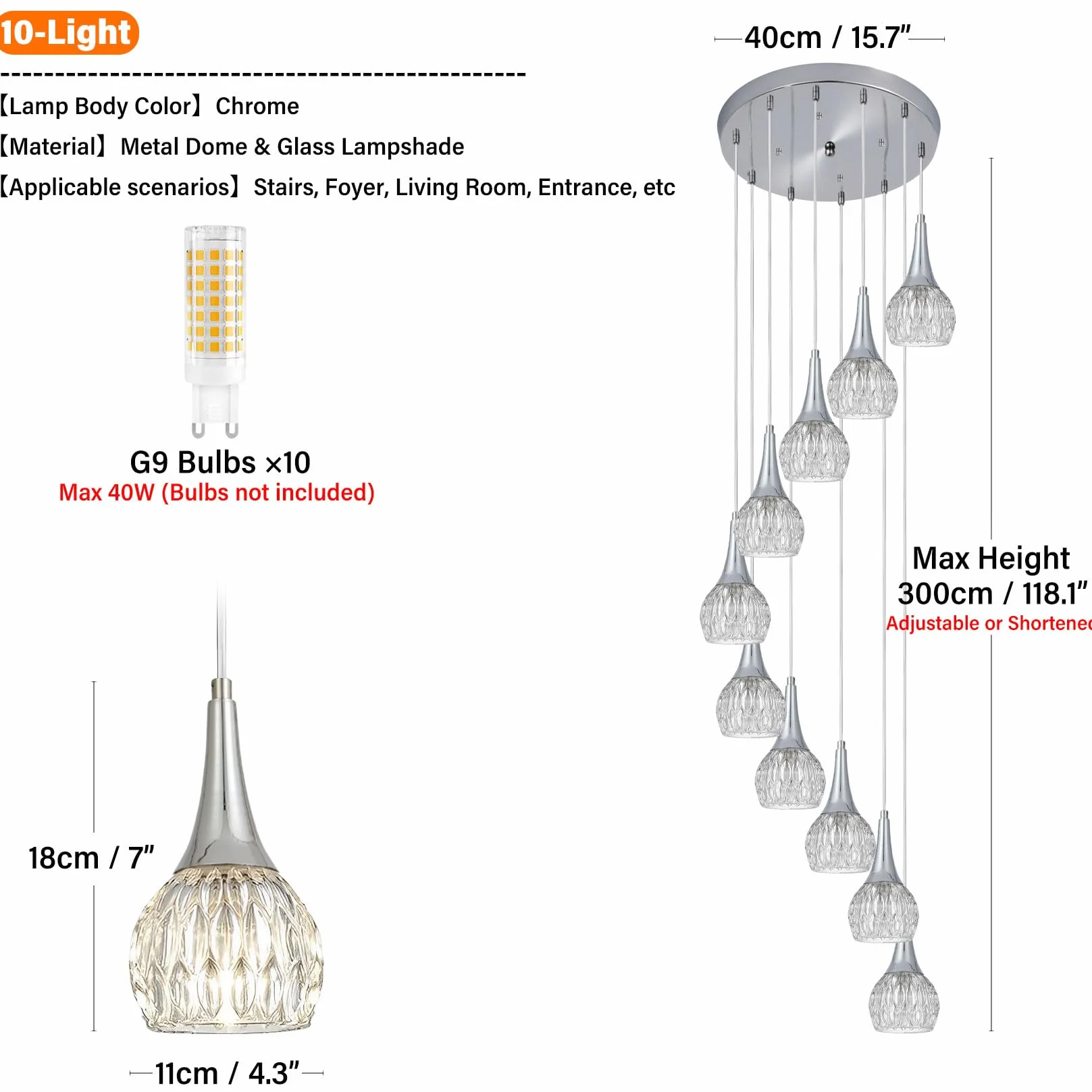 Nowoczesne 10-punktowe żyrandole spiralne Polerowane chromowane lampy wiszące Art Glass Shade Dome Długi żyrandol Oświetlenie do przedpokoju Klatka schodowa Oprawa sufitowa
