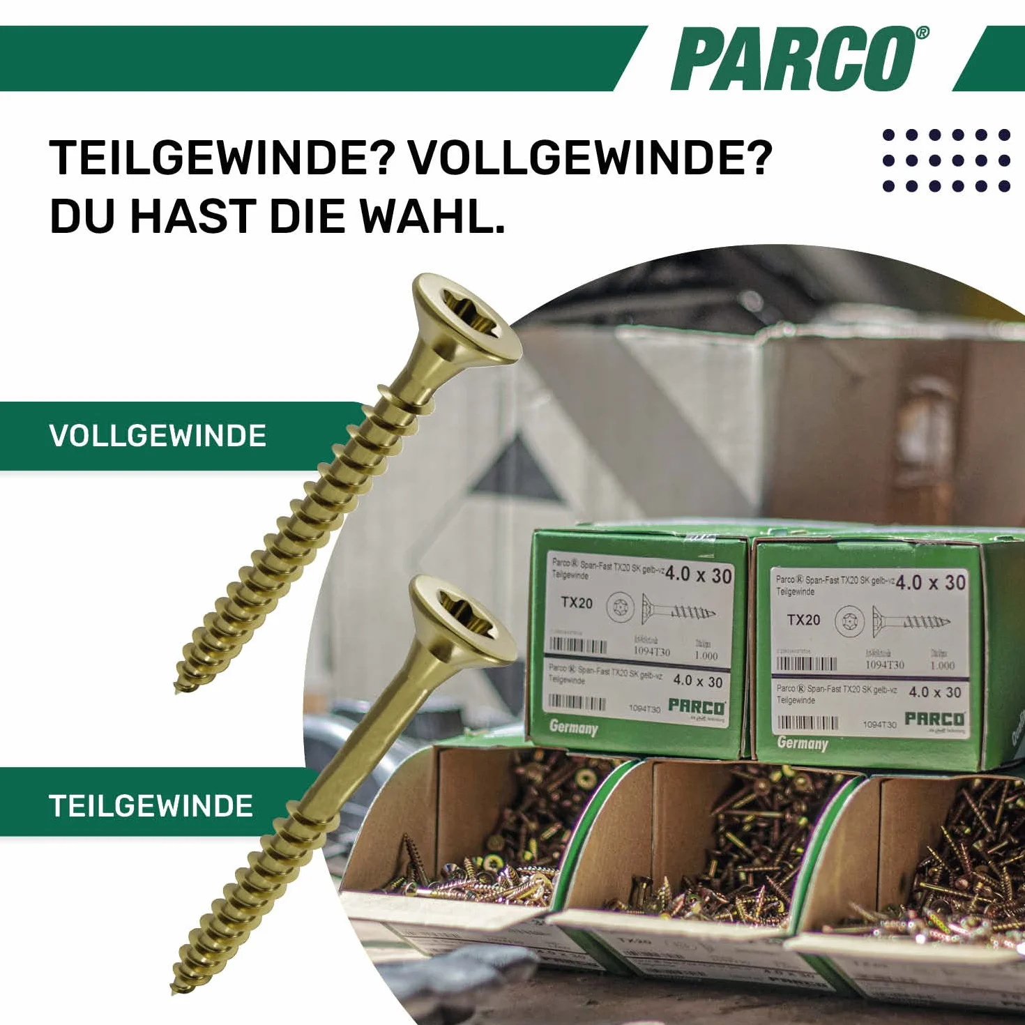 PARCO 10935x20 wkręty do płyt wiórowych z łbem stożkowym 3,5x20 mm, pełny gwint, ocynkowane na żółto, Torx, 1000 sztuk, 5 x 20 mm