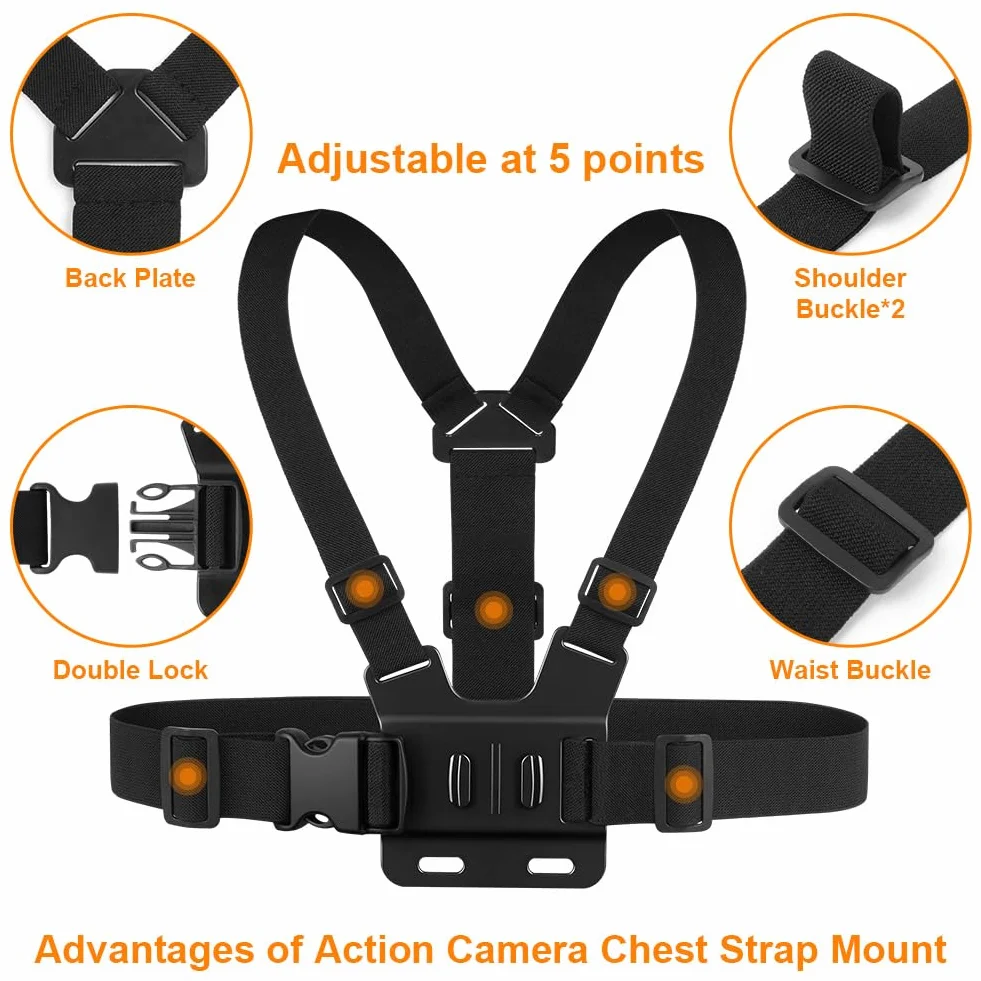 Zestaw do kamery sportowej, pas piersiowy, akcesoria do kamery sportowej, pas piersiowy, opaska na czoło, pasek na głowę, pasek na głowę, kompatybilny z GoPro Hero DJI Osmo itp
