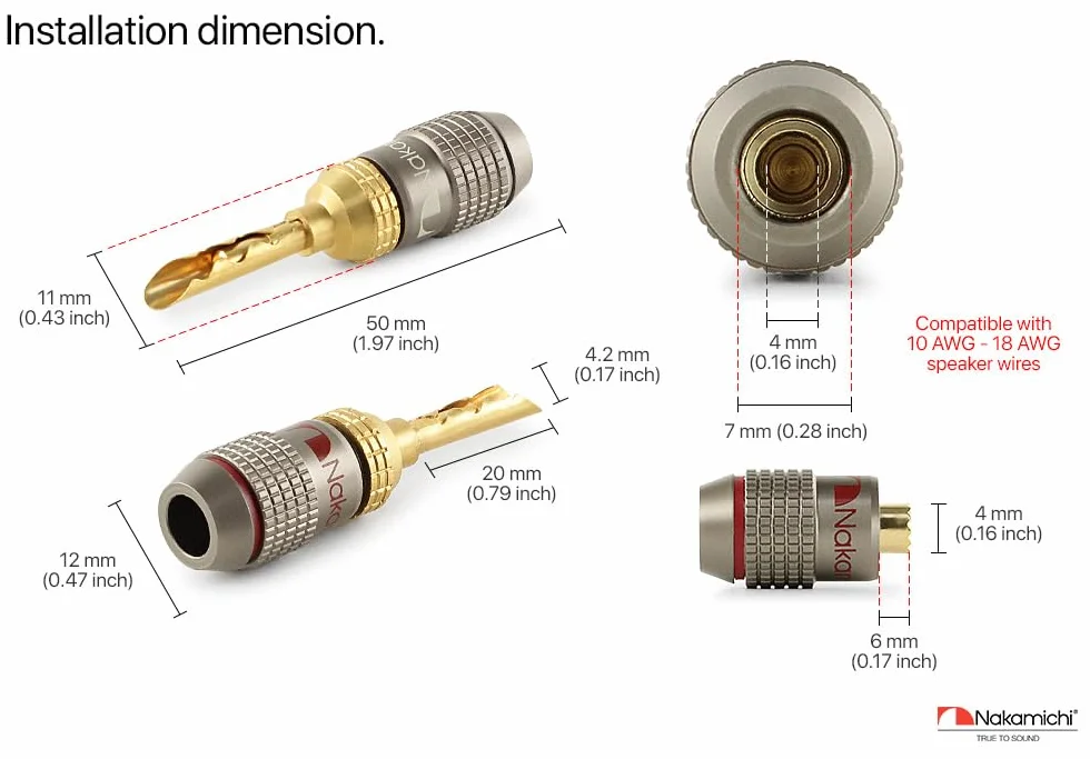 Nakamichi FanLock Wtyk BFA bananowy platerowany 24-karatowym złotem 10 AWG - 18 AWG Rozmiar miernika 4 mm dla głośników Wzmacniacz Hi-Fi Kino domowe Kabel audio Szybkozłącze, 8 Sztuki (4-Pary)