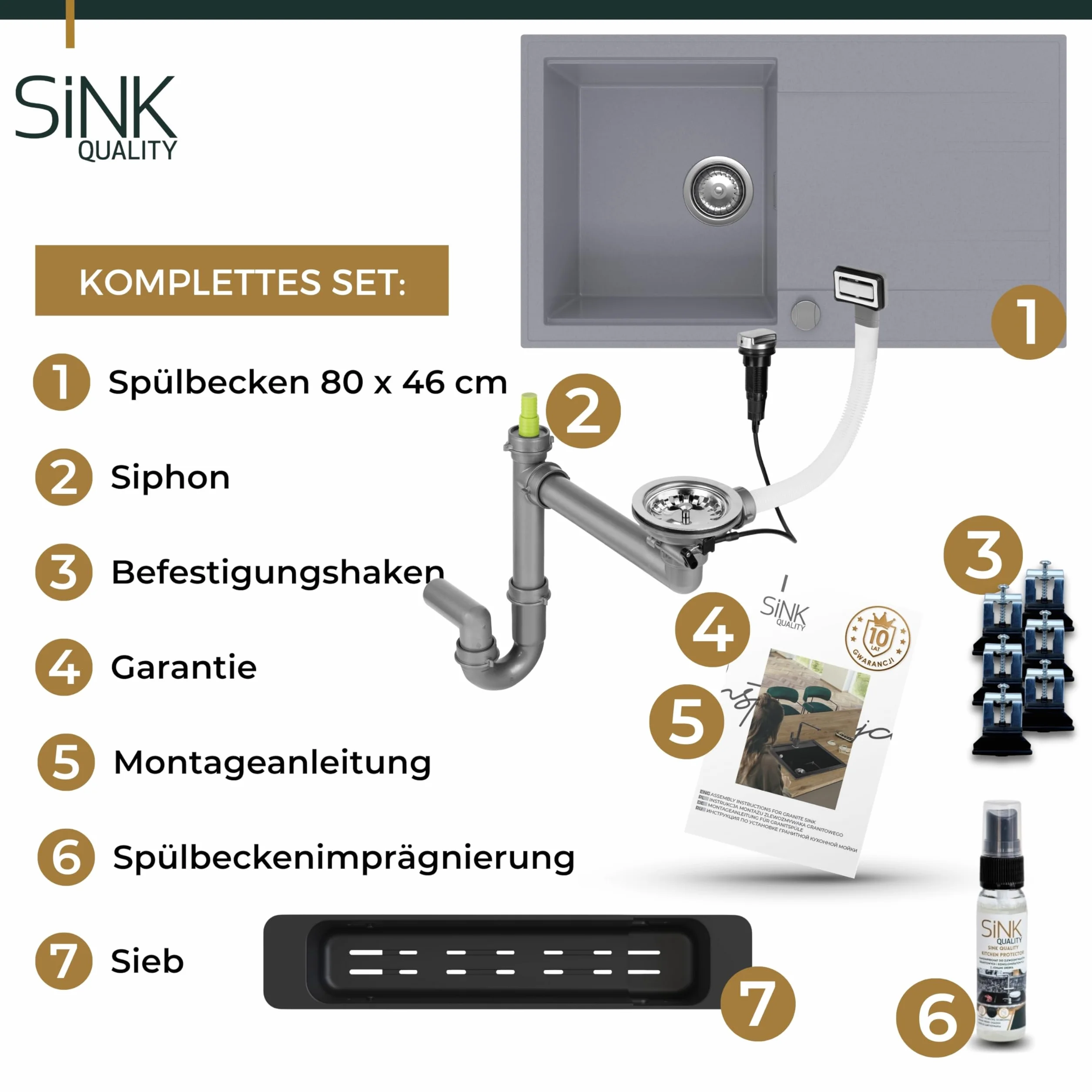 SINK Quality zlewozmywak kuchenny z ociekaczem – zlewozmywak szary 80 x 46 cm – w zestawie syfon i środki impregnujące – zlewozmywak do zabudowy do szafki pod umywalkę 55 – zlewozmywak granitowy szary