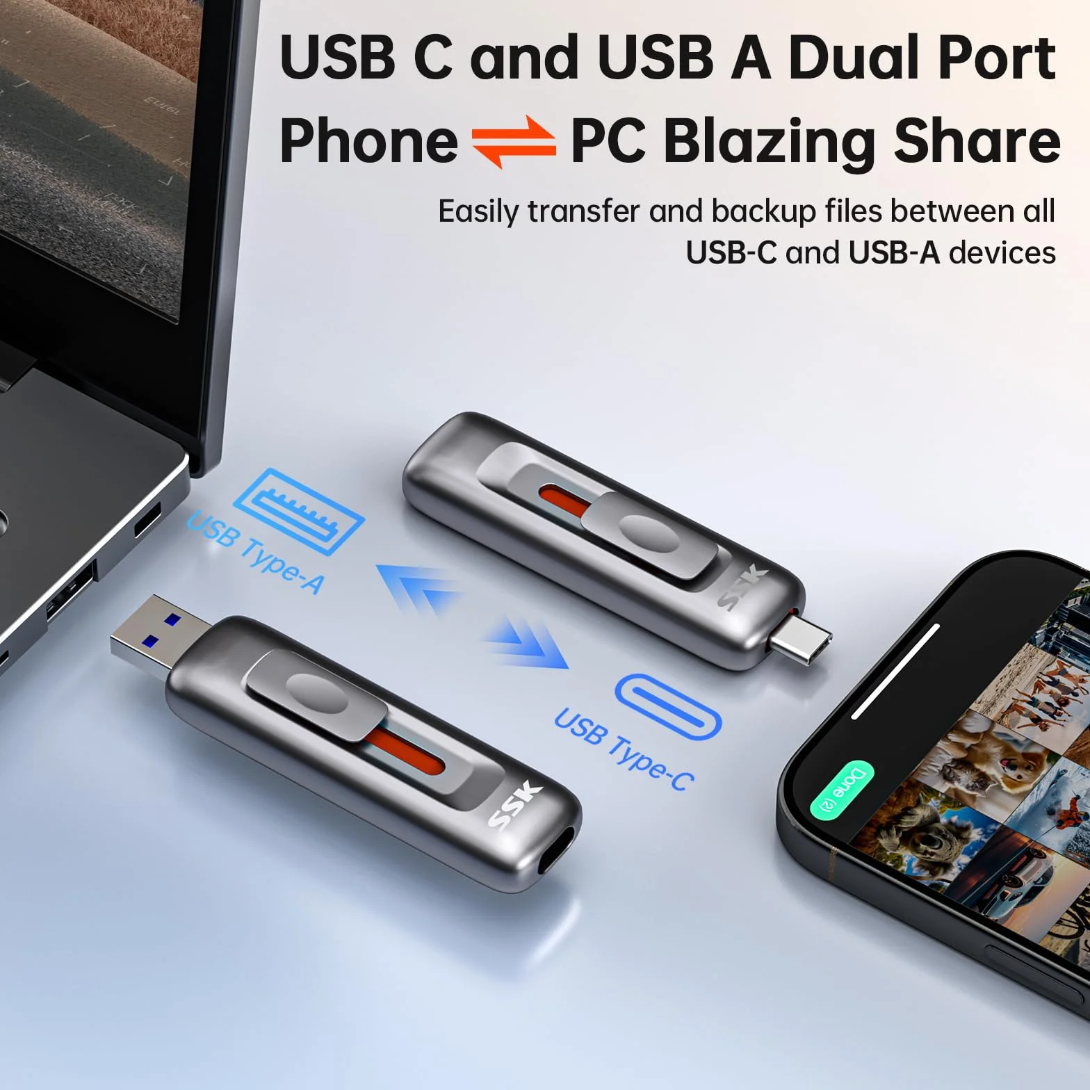 SSK Pamięć flash USB 256 GB 1000 MB/s USB 3.2 Gen2 przenośny dysk SSD typ A + typ C Push-Pull do iPhone'a 15/16/17
