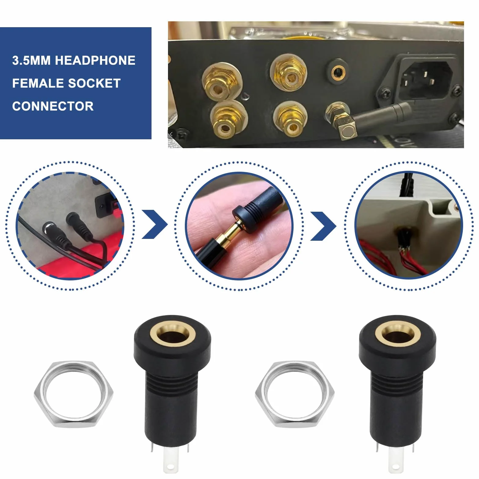 EMSea 5 sztuk 3,5 mm gniazdo audio jack 3 bieguny gniazdo stereo wtyczka jack wtyczka stereo panel lutowania czarny z nakrętką