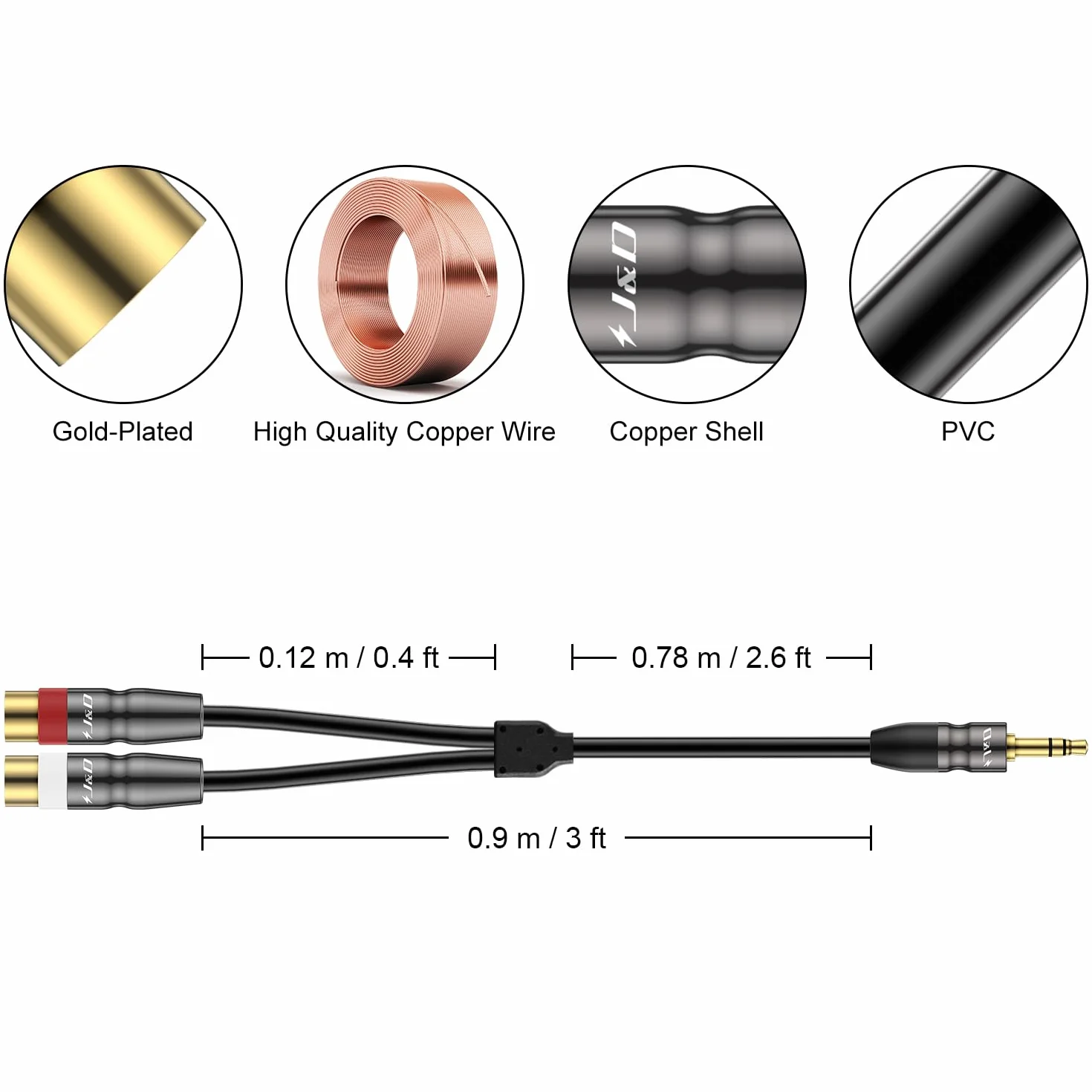 J&D Kabel audio 3,5 mm do Dual RCA, pozłacana miedziana obudowa, 0,9 m