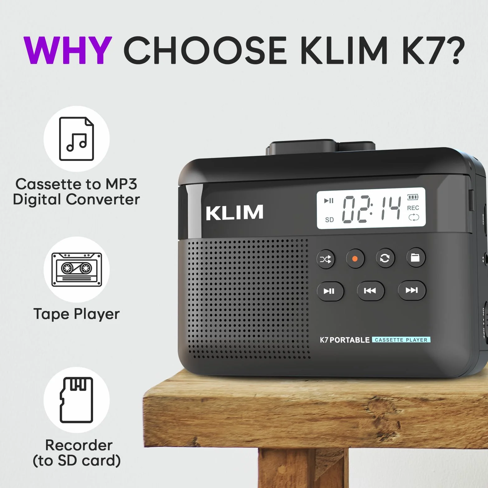 KLIM K7 Odtwarzacz kasetowy Walkman z konwerterem na MP3, wbudowany mikrofon, głośnik, karta SD 16 GB