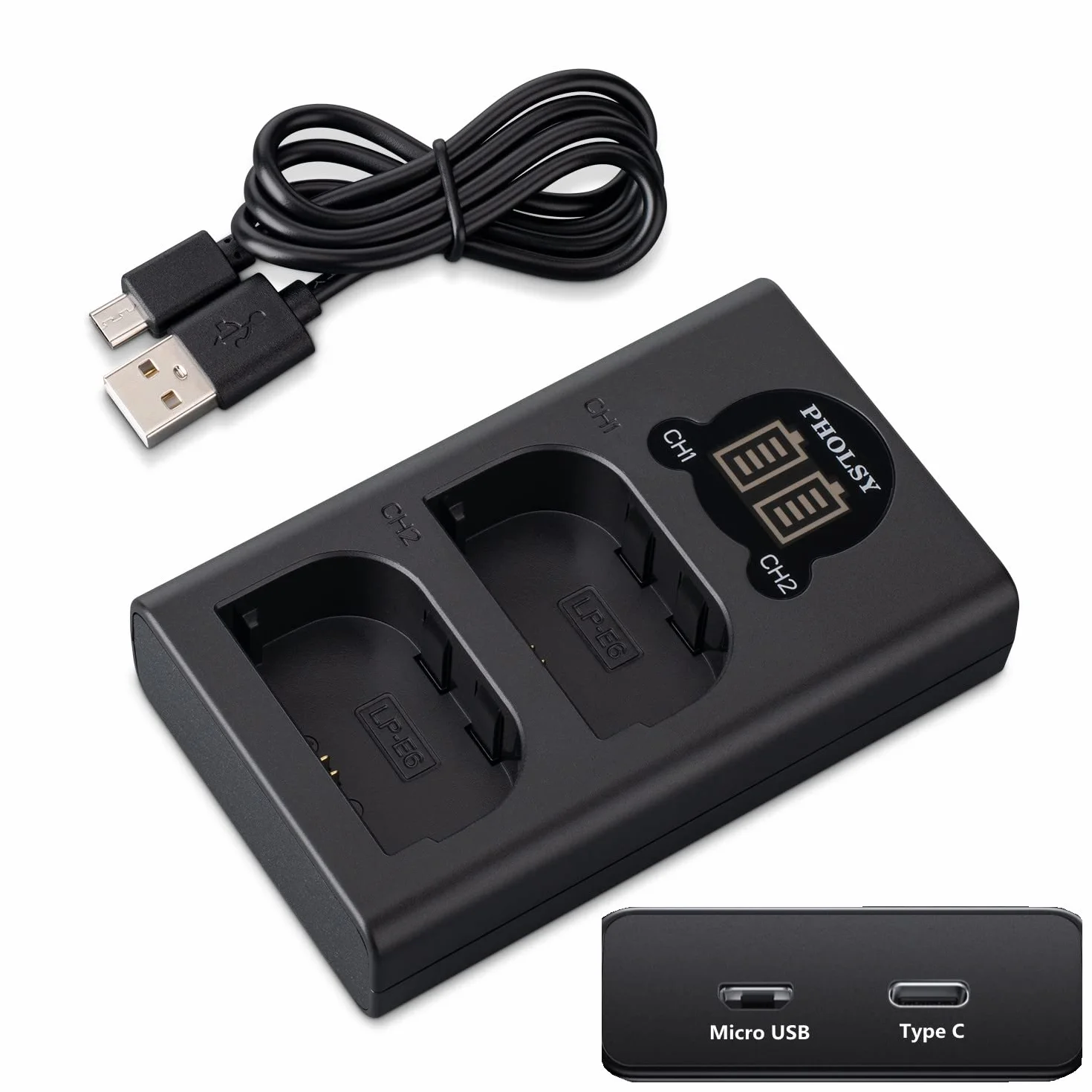 Canon LP-E6N USB Dual LCD Charger for EOS R5 R6 R7 5D Mark IV 5DS 5DS R 6D Mark II 7D Mark II 90D 80D