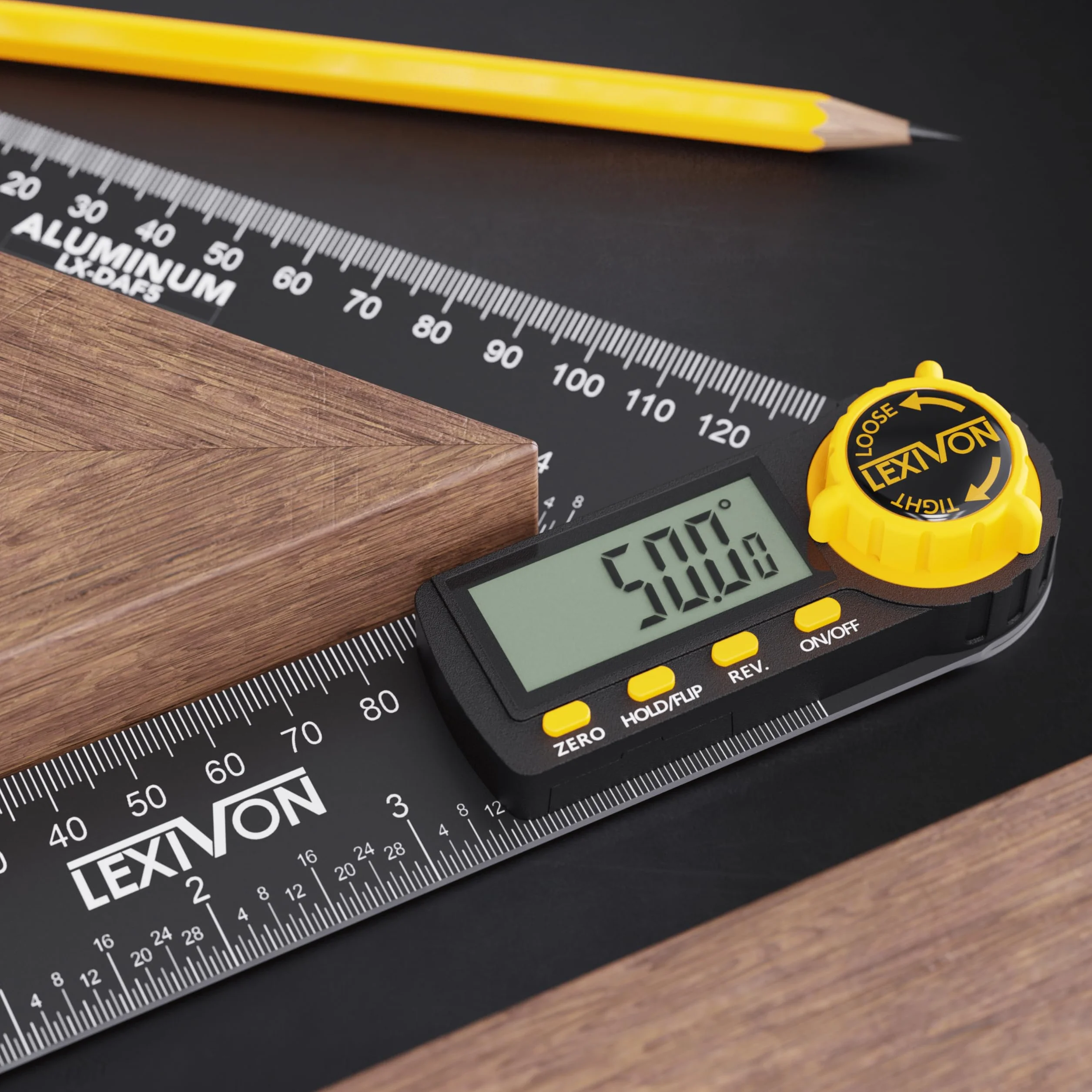LEXIVON Cyfrowy kątomierz z aluminium, 130 mm, cyfrowy miernik kąta, uniwersalny kątomierz, z wyświetlaczem XL i wytrzymałą kieszenią na zamek błyskawiczny (LX-DAF5)