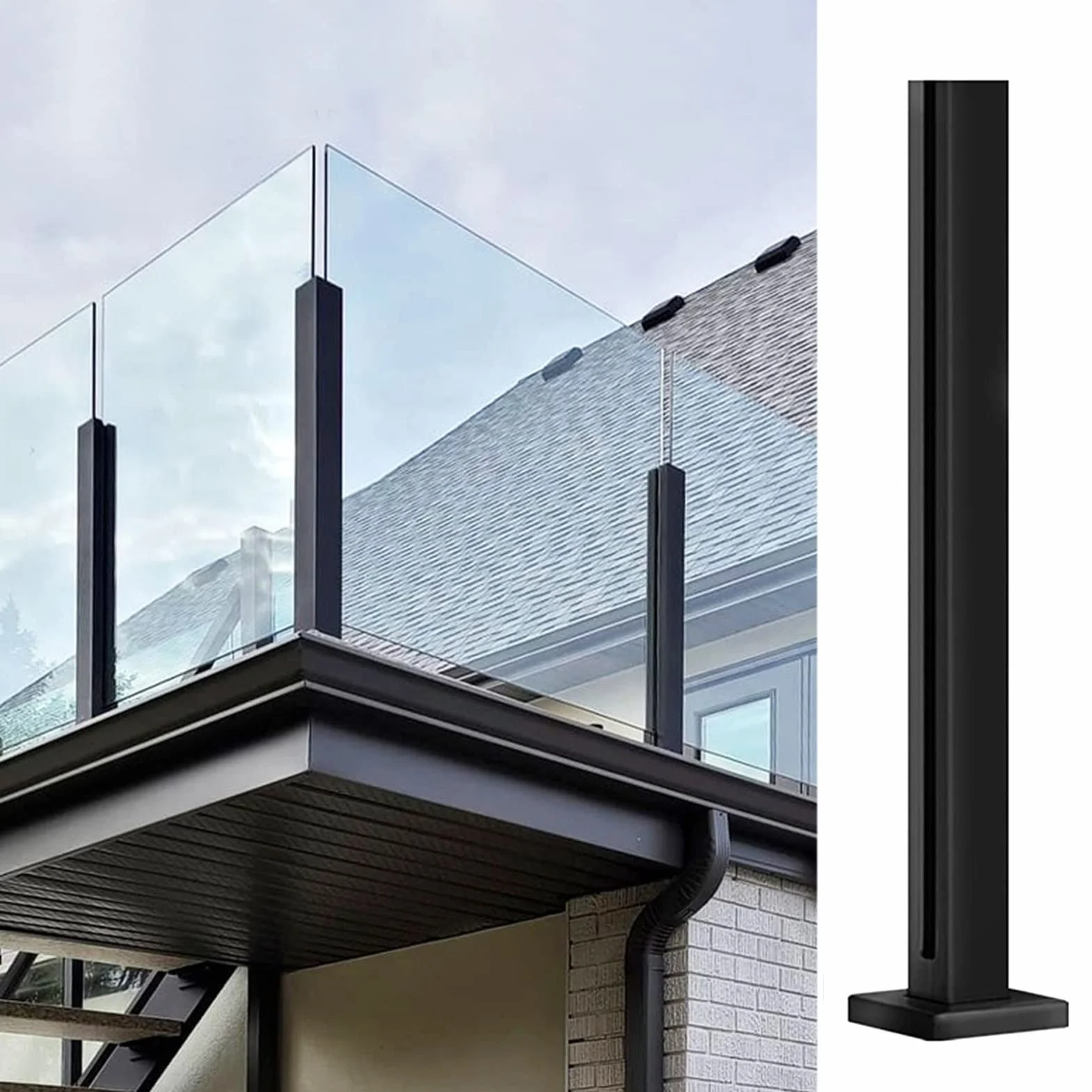 Czarny szklany słupek balustradowy na balkon – szklane panele do montażu na podłodze, kolumna wsporcza do tarasu hotelowego, zestawy balustrad schodowych, stylowe i designerskie
