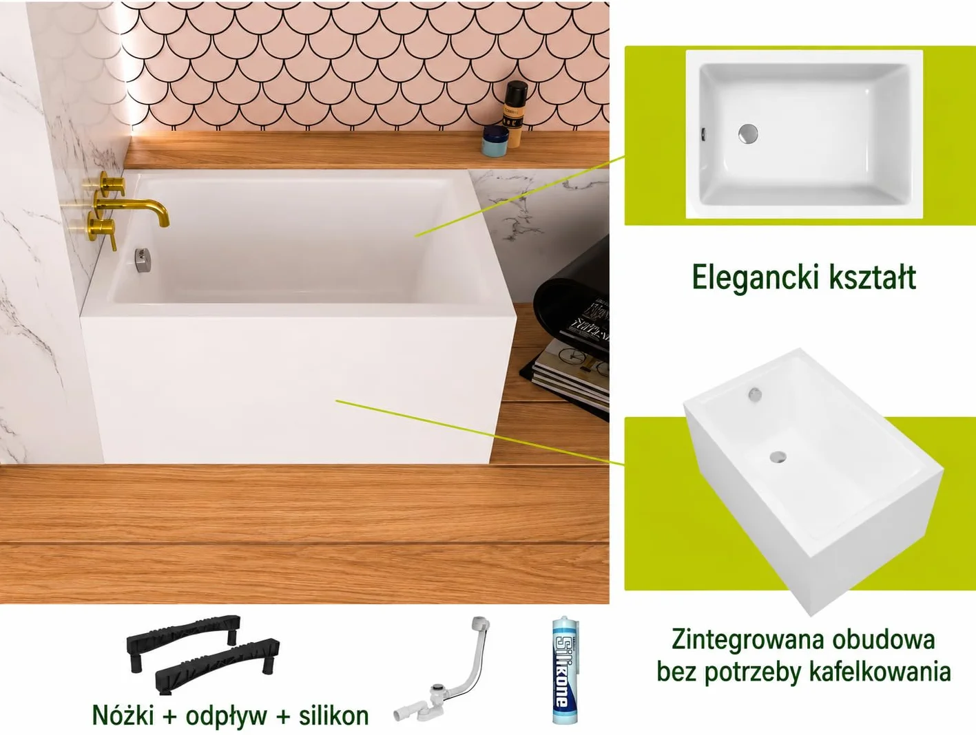Wanna ECOLAM Marella 100x70 cm + obudowa | Oszczędzająca miejsce, mała, nowoczesna wanna prostokątna, najwyższej jakości wanna akrylowa | Kompletny zestaw z odpływem, nóżkami i silikonową obudową