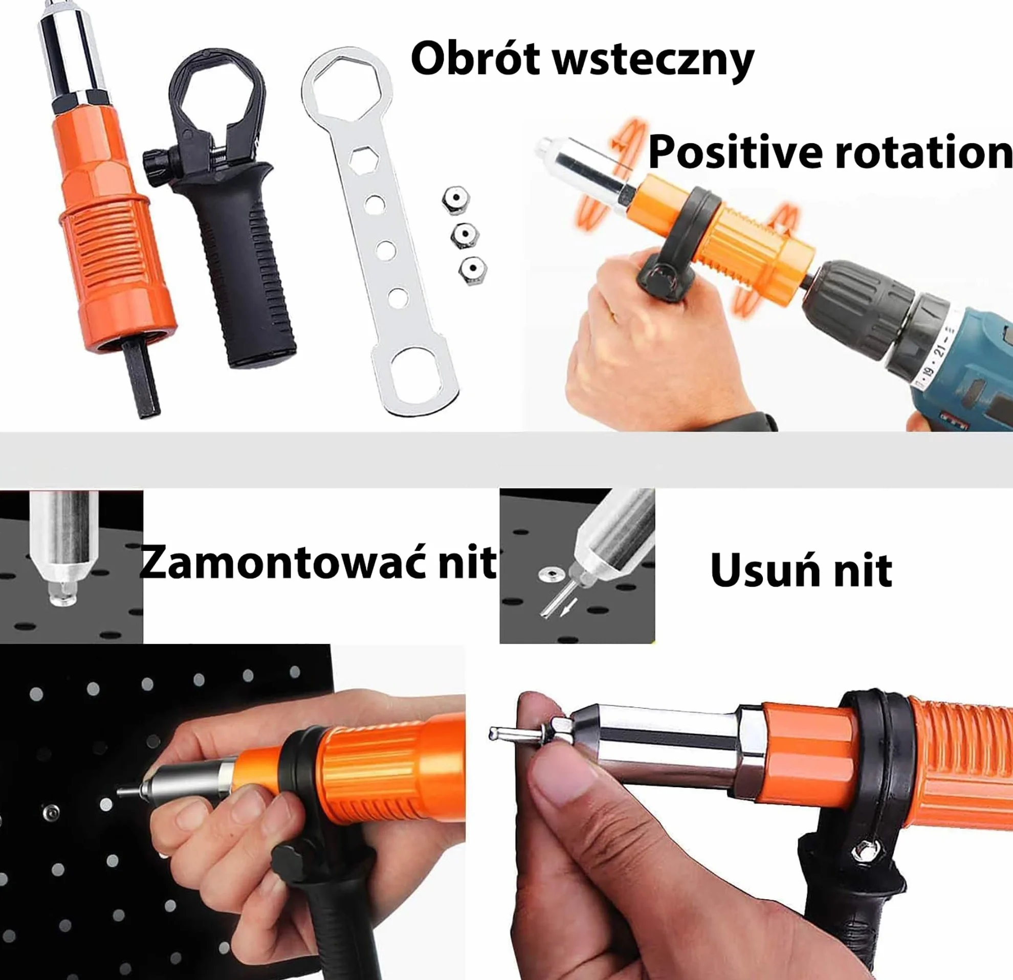 Akumulatorowa przystawka do nitowania 3 głowice aluminiowa ergonomiczna