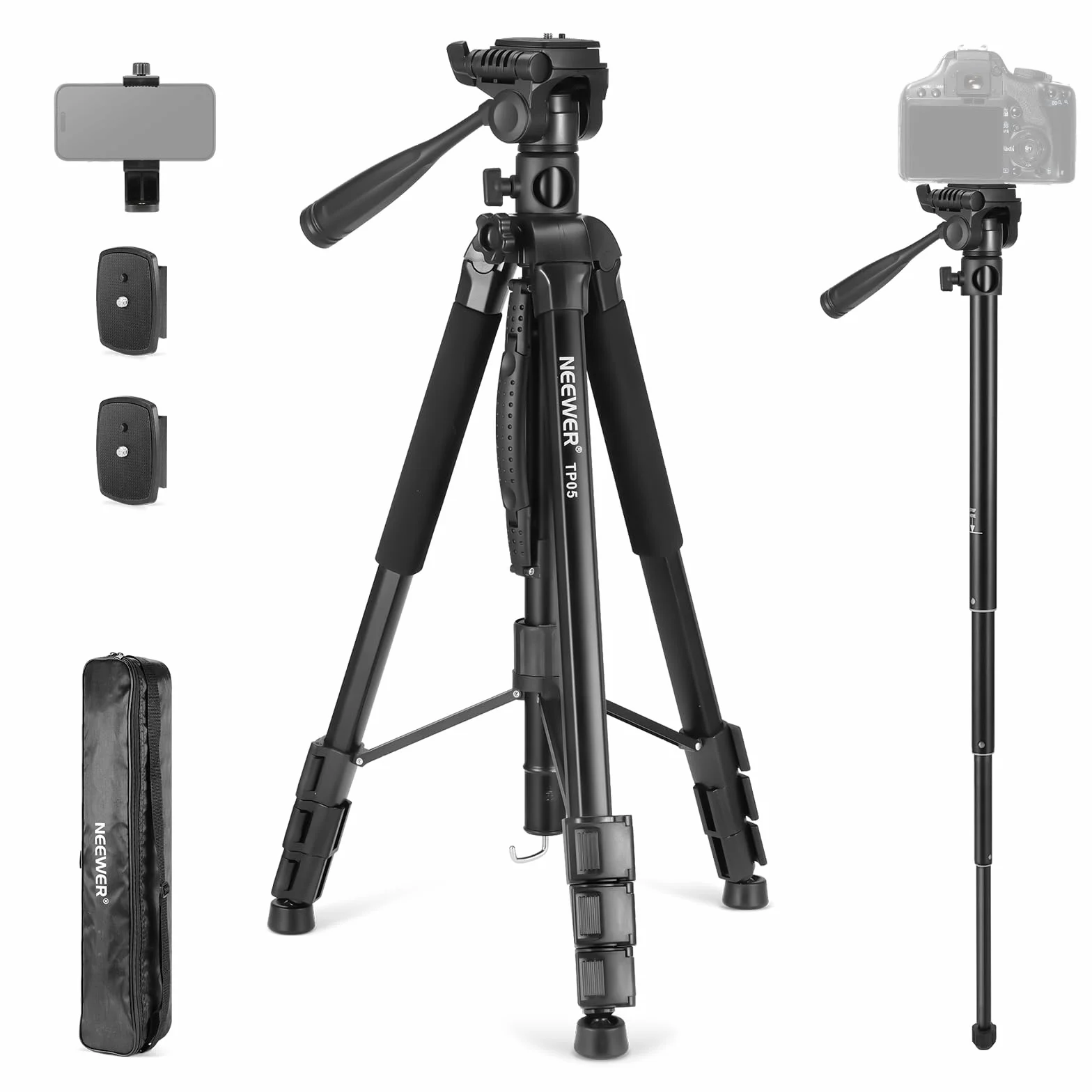 NEEWER BASICS TP05 Statyw Wideo Monopod 188 cm 3-Kierunkowy Uchwyt na Telefon z Głowicą Pan Tilt