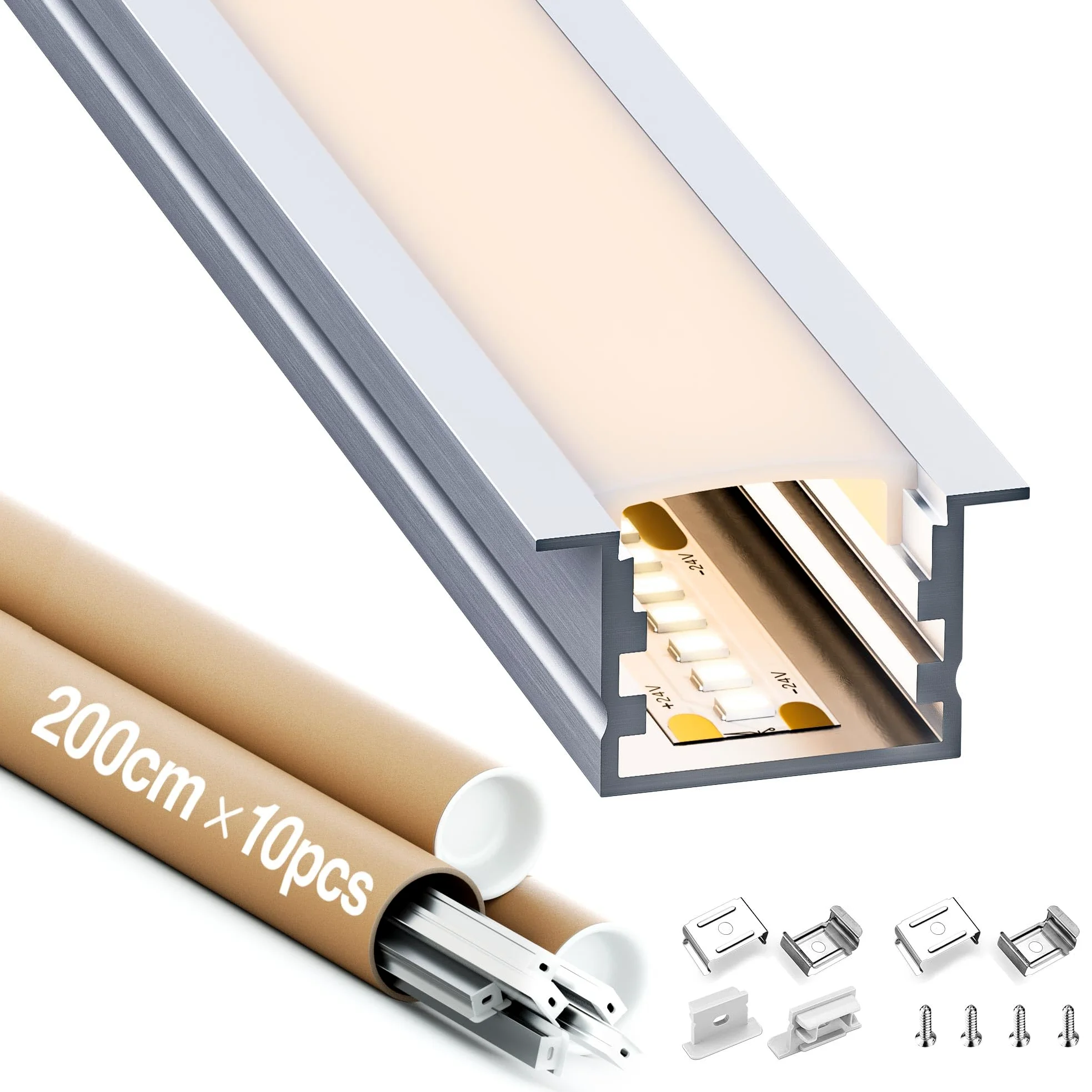 10 x 2 m profile aluminiowe (łącznie 20 m) do taśm LED, kanału kablowego i taśmy LED, z zaślepkami i klipsami montażowymi, maks. taśma LED 15 mm - rozmiar 27,2 x 15 mm (10 x 2 M = 20 m)